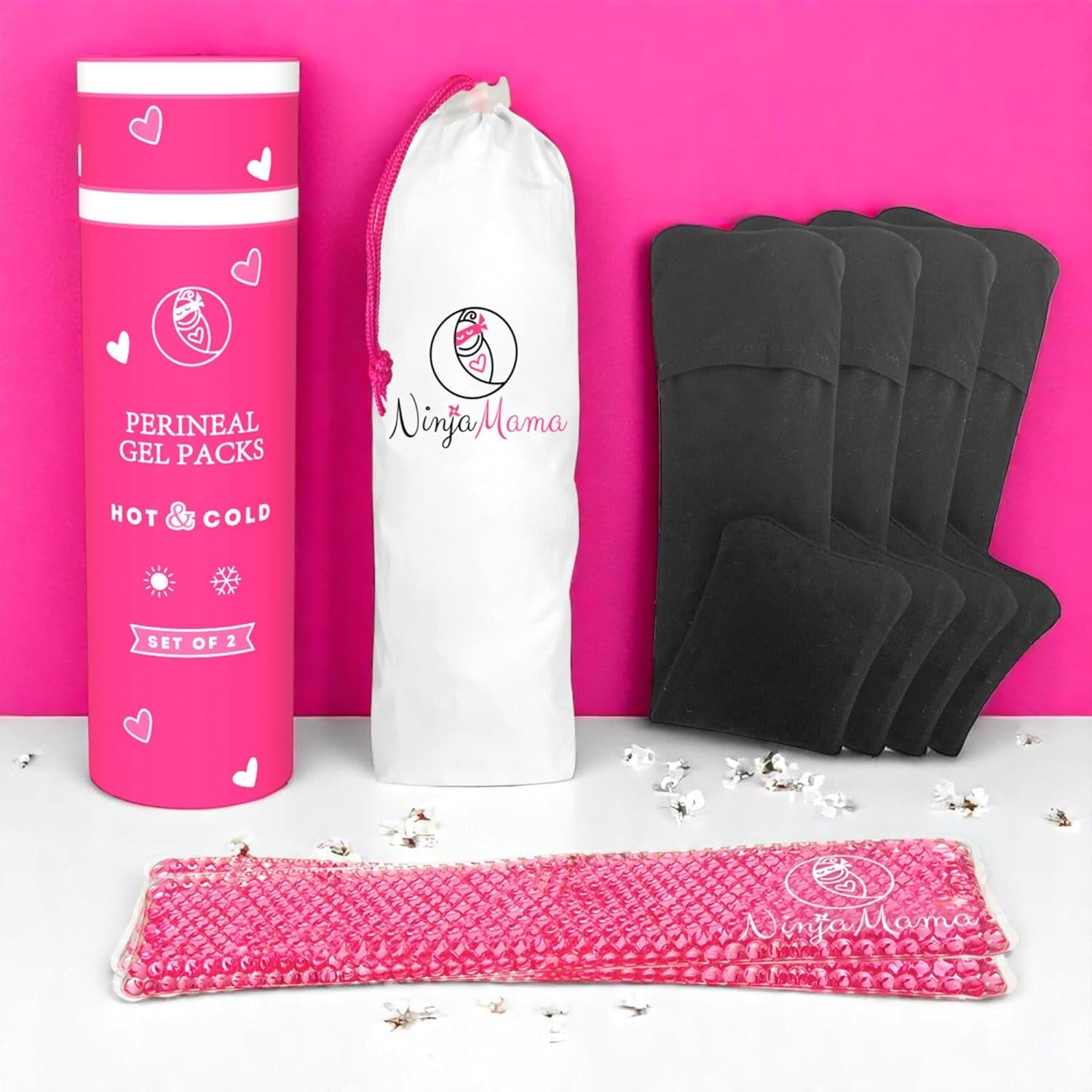 Ninja Mama Perineal Ice and Heat Therapy Packs - Pack of 2 for Postpartum Soothing Relief for Postpartum Hemorrhoid Pain Childbirth Recovery Care - Labour and Delivery Essentials - Reusable - Hot or Cold - with 4 Washable Sleeves.