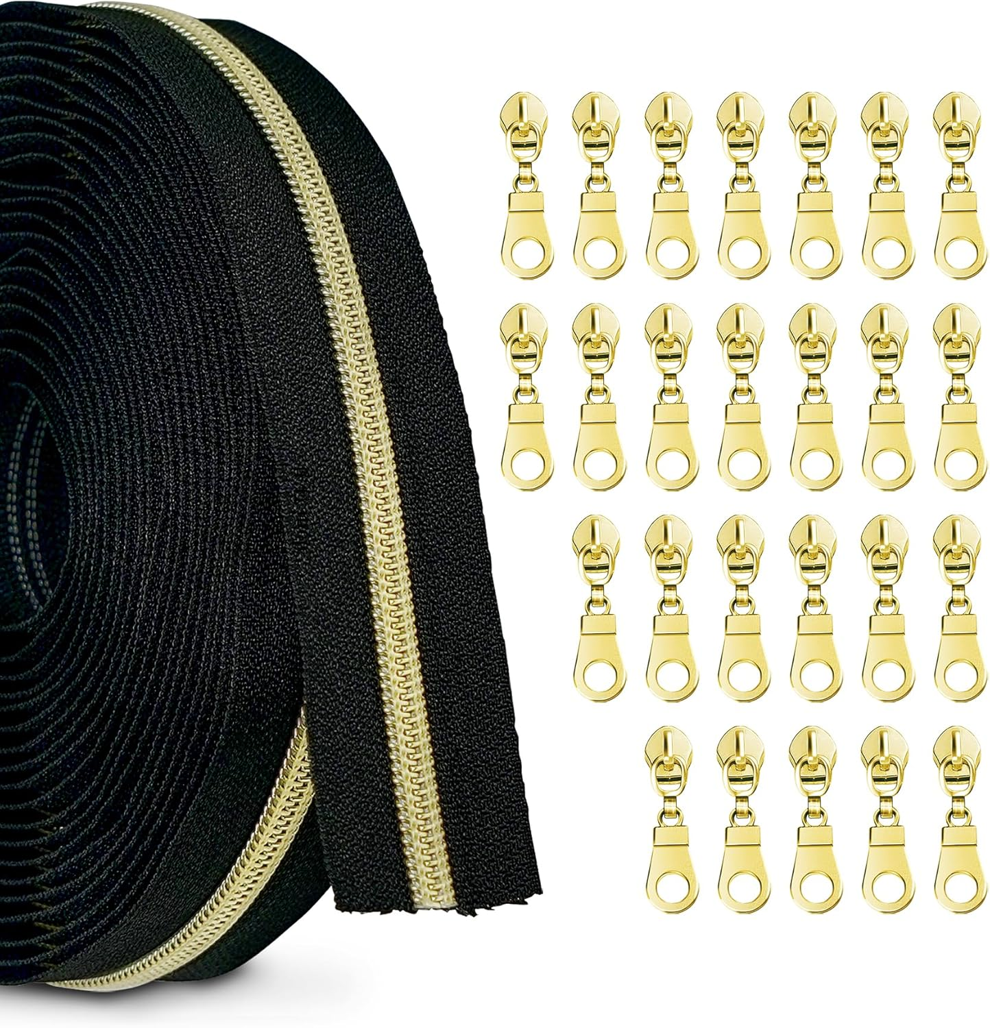 Zynzaoacs #5 Zipper by the Yard with Pulls, Continuous Black Tape (10Yds) and Rust-Proof Gold Metal Pulls (25Pcs), Bulk Zippers for Sewing Bags and Purses, Cuttable Nylon Zipper Roll image number 3