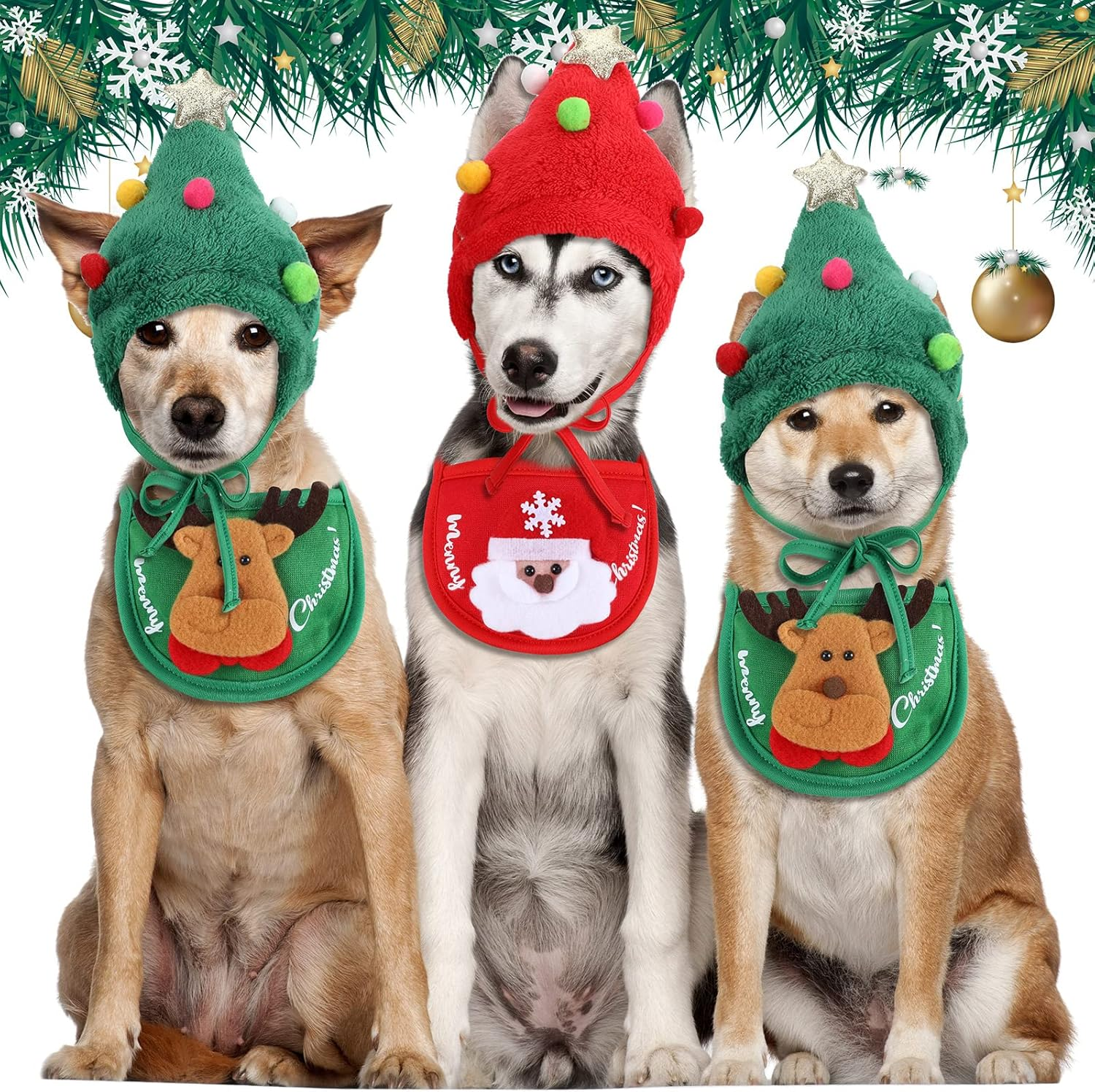 Lauwell 4 Pcs Christmas Dog Pet Costume Include 2 Christmas Tree Hat Small Dog Headgear and 2 Adjustable Collars Bib Santa Elf Cat Bib for Xmas Dog Cat Outfit Clothing Party Accessory image number 4
