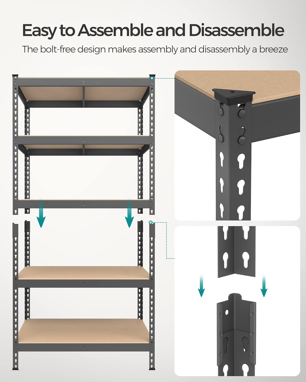 SONGMICS 5-Tier Storage Shelves, Load 2310 Lb, Garage Storage, Boltless Assembly, Adjustable Shelving Unit, 17.7 X 35.4 X 70.9 Inches, for Study Shed Basement, Gray and Natural Beige UGLR450G01 image number 6