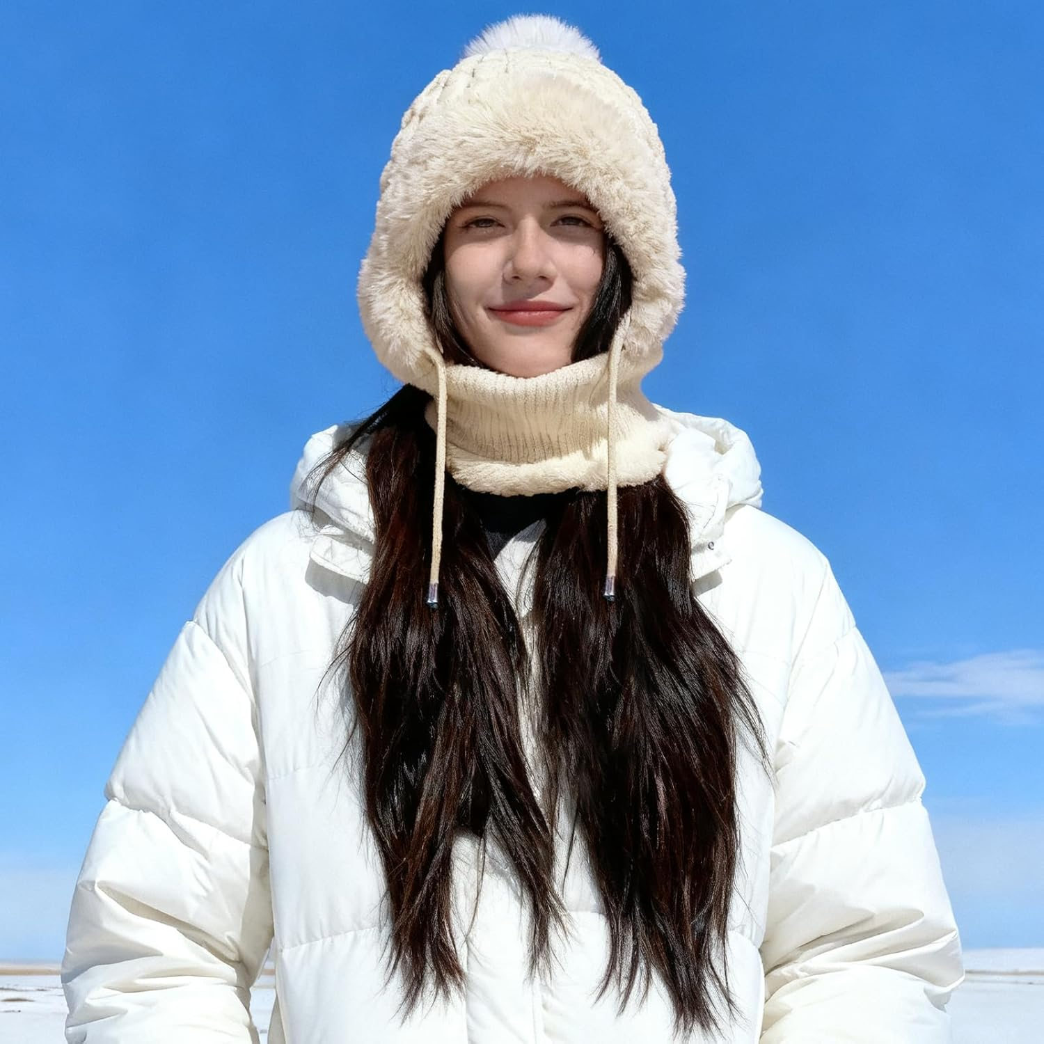 Bobble Hat for Women, 3 in 1 Winter Knitted Beanie Hat with Neck Warmer and Face Cover, Thick Fleece Lined Windproof Thermal Wooly Hat for Cycling Skiing Cold Weather - Beige image number 5