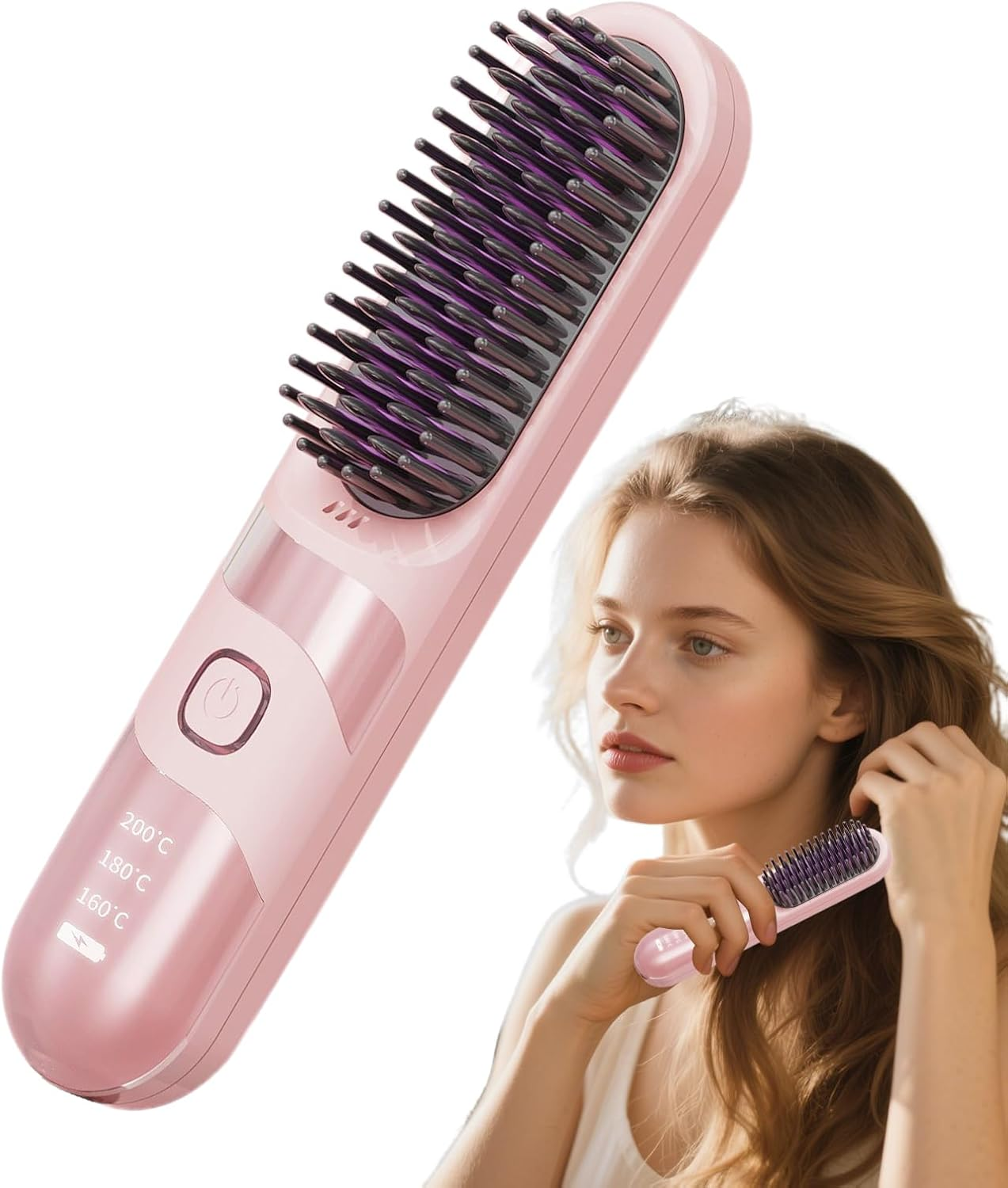 Cordless Hair Straightener - Curler Brush for Home Use - 2-In-1 Cordless Ionic Hair Straightener Brush Anti-Scalding for Travel, Salon, Home