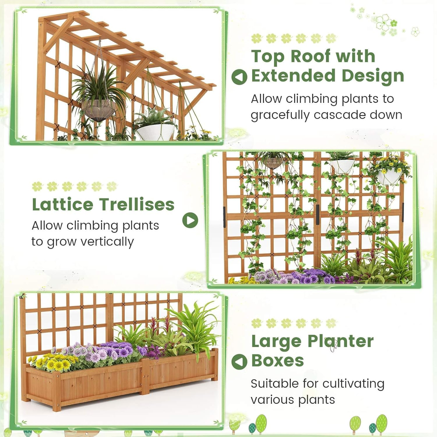 Costway 183 CM Tall Large Raised Garden Bed W/Lattice Trellis, Hanging Roof, Drainage Holes, Elevated Wooden Planter Box for Vine Climbing Plant Flower Herb Vegetable, Indoor Outdoor Patio Balcony - Coffee image number 5