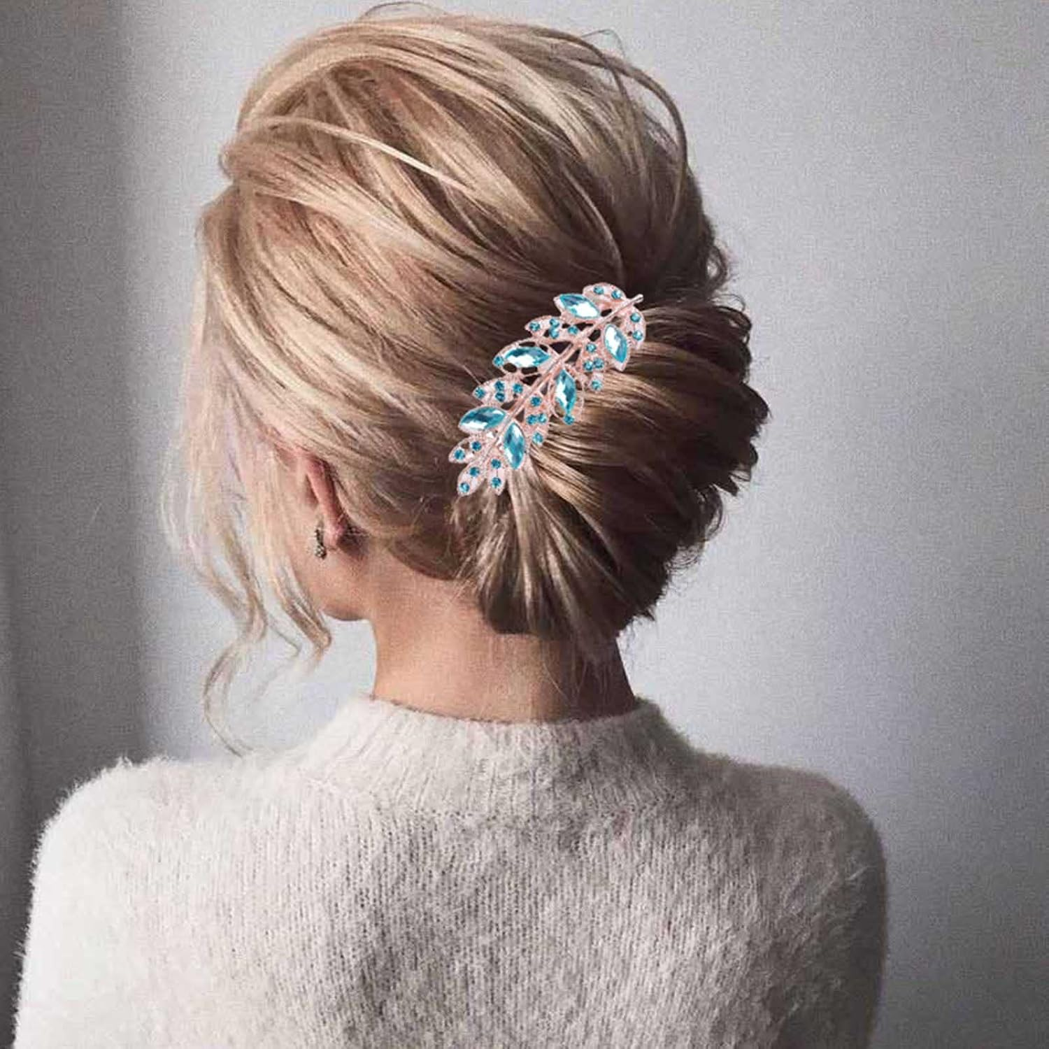 Wendalern Wedding Rhinestone Hair Clips Blue Leaf Hair Clip Crystal Hair Clips Headwear Gold CZ Leaf Hairpiece Decorative Hair Accessories for Women and Girls image number 3