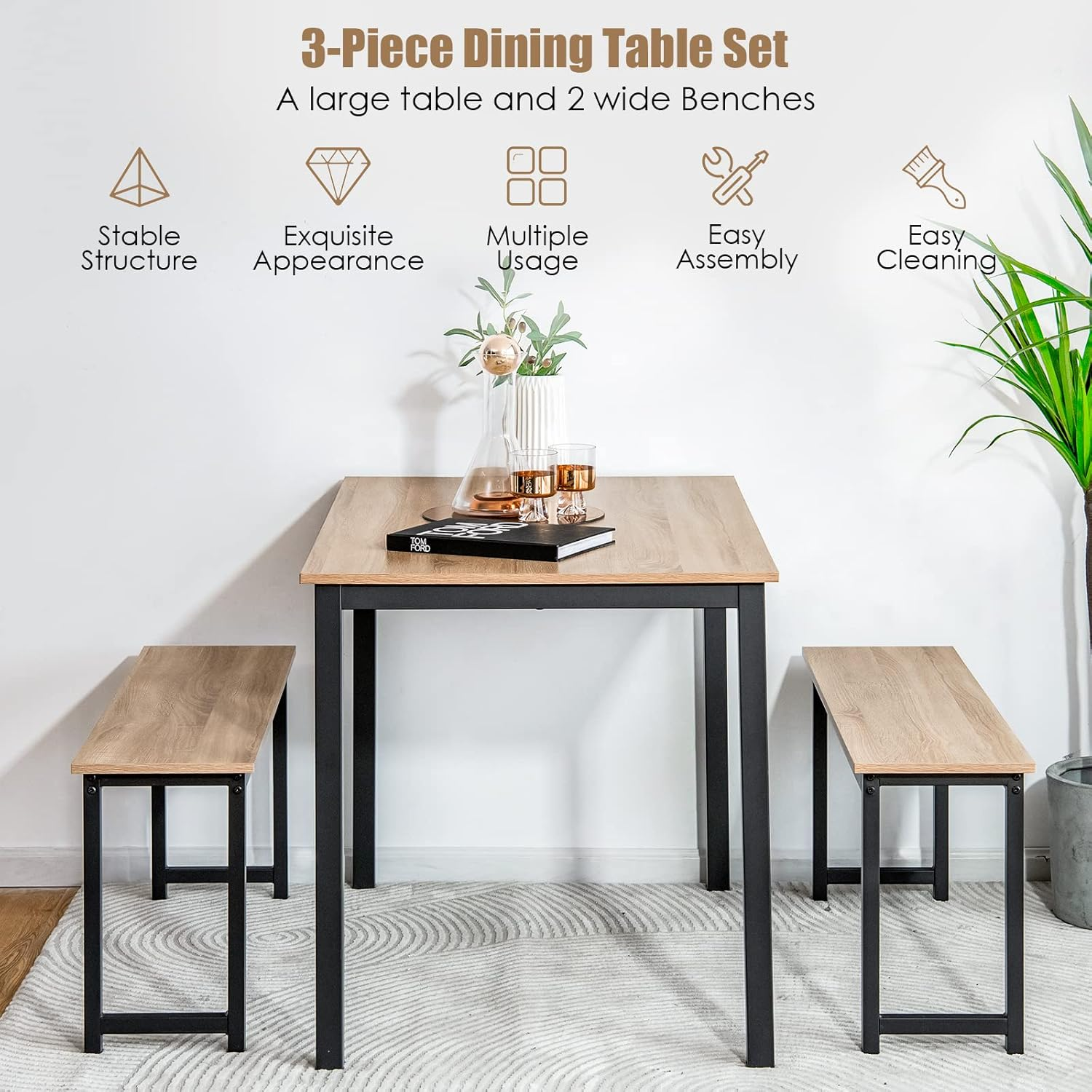 Giantex Dining Table with Bench, Modern Studio Collection Table with 2 Benches, Kitchen 3Pcs Bench Dining Table Set with Metal Frame for Living Room, Kitchen, Small Space image number 0
