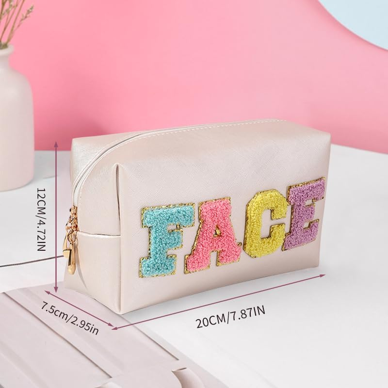 2 Preppy Patch Makeup Bag Chenille Letters Cosmetic Bag Personalized Initial Cute Face Skin Pu Leather Portable Waterproof Toiletry Bag with 1Silicone Keychain Travel Make up Bag for Women Teen Girls image number 2