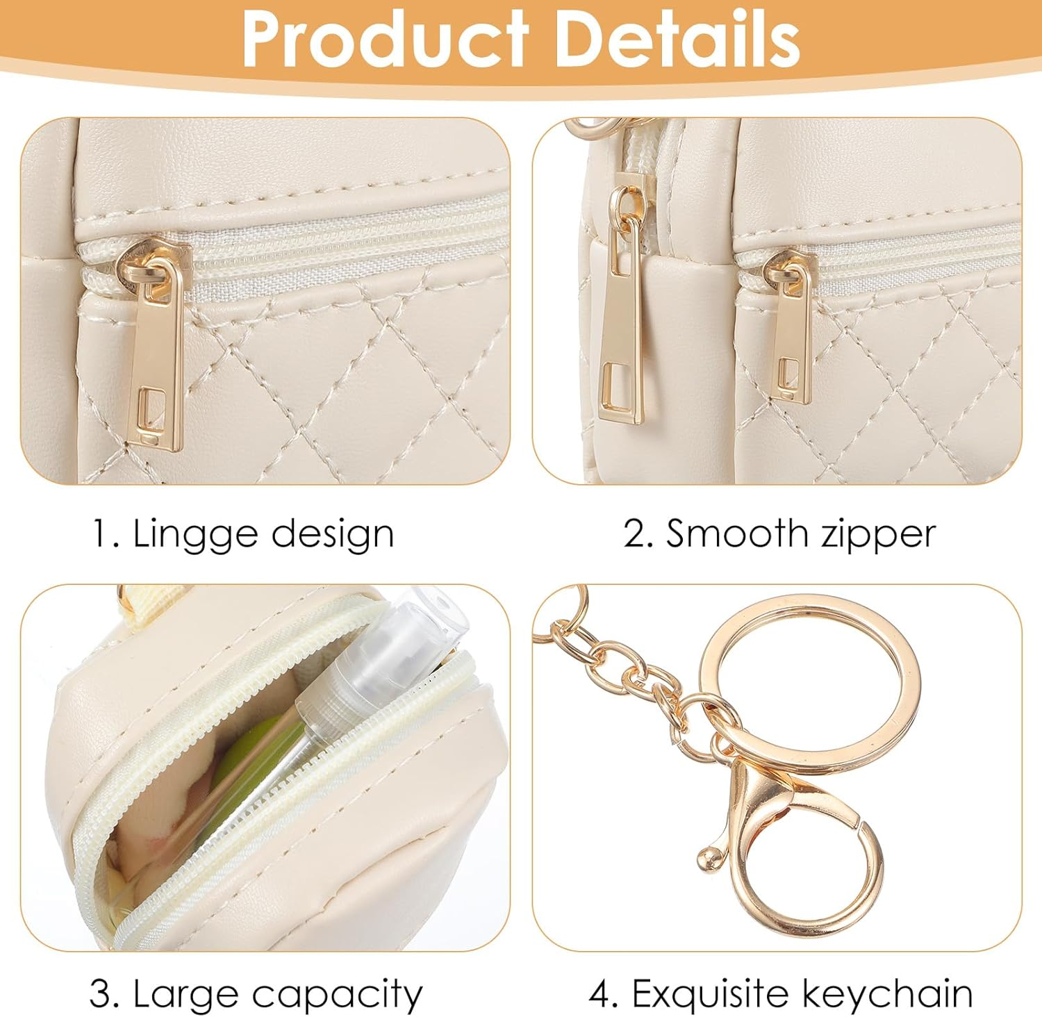 Mini Backpack Beige with Key Fob, Lipstick Case, Cosmetic Bag, Small Bag Shape and 2 Layers Zip Pocket, Pendant Can Be Used by Keys, Change or as a Pendant image number 4