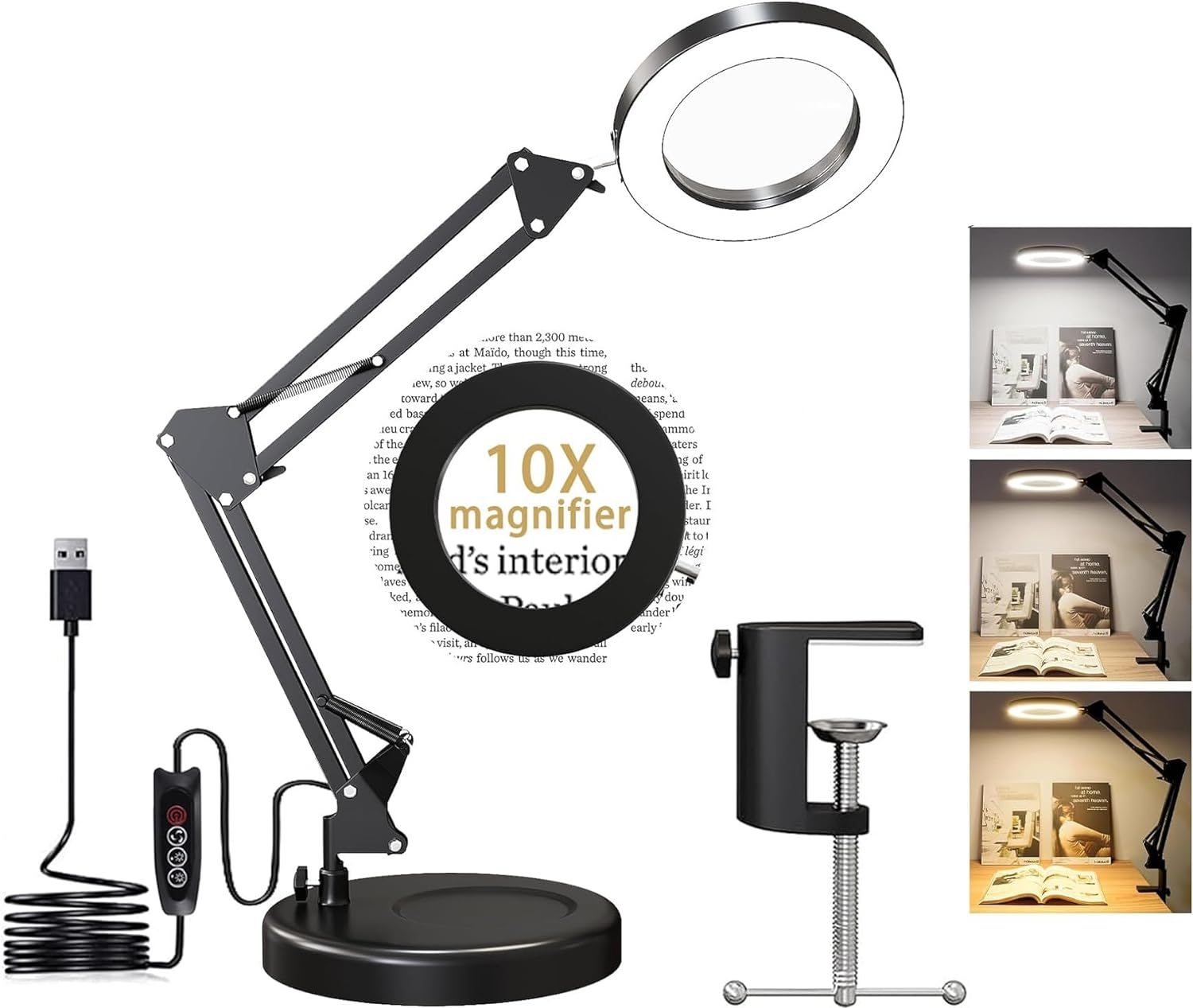 Magnifying Glass with Light and Stand, 10X Magnifying Lamp, 2-In-1 LED Lighted Desk Magnifier with Light, Craft Light Lamp with 3 Color Modes for Close Work Reading Repair Crafts