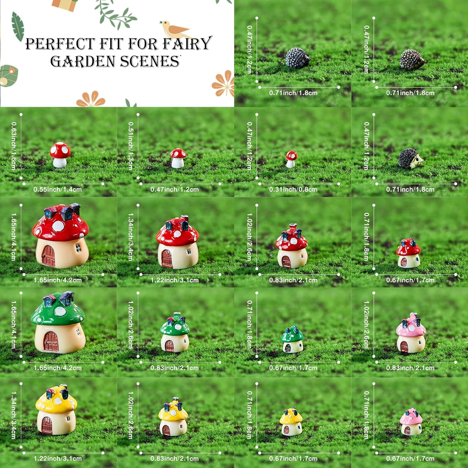 Verdantvibes Fairy Garden Kit &ndash; 23-Piece Miniature Fairy Garden Accessories Set (18 Mushrooms, 3 Hedgehogs) with Gift Box & Card &ndash; Miniature Fairy Garden Decor for Indoor & Outdoor DIY image number 2