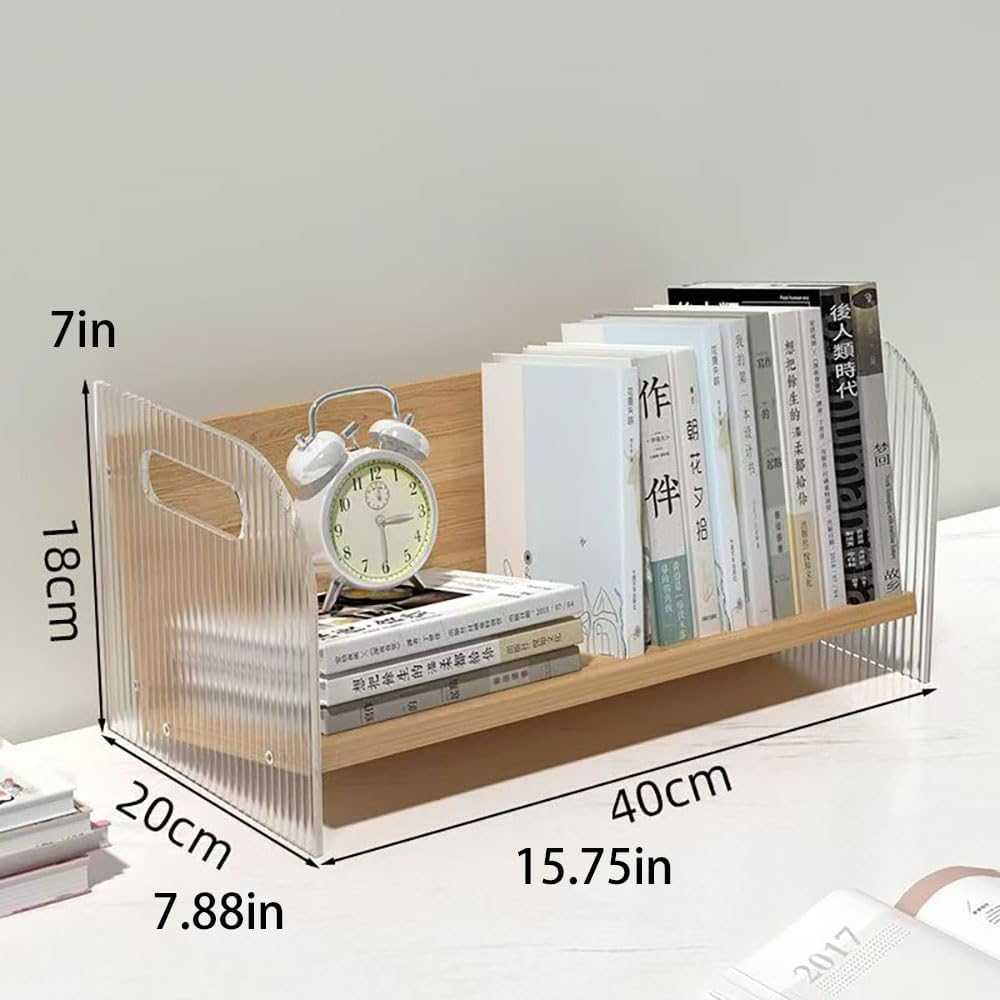 Hbluefat Acrylic Desktop Bookshelf Organizer, Small Wood Desk Bookcase, Multipurpose Tabletop Storage Shelf Rack for Home Office (Wood) - White image number 3