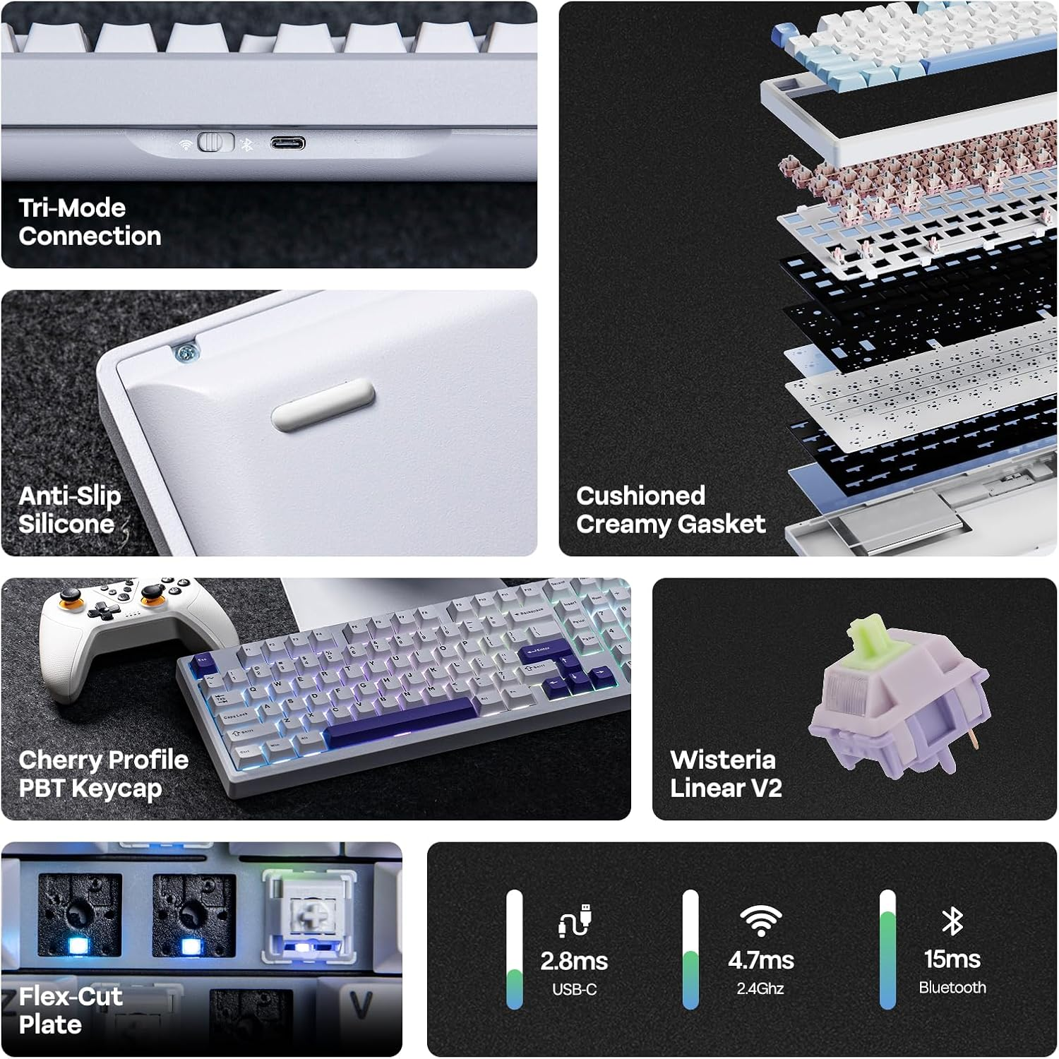 EPOMAKER Galaxy100 QMK/VIA Wireless Mechanical Keyboard, 8000Mah Battery, CNC Aluminum, Full Size Gaming Keyboard, Numpad, Usb-C/Bt5.0/2.4Ghz, Hot Swappable (White Purple, Wisteria Linear Switch) image number 4