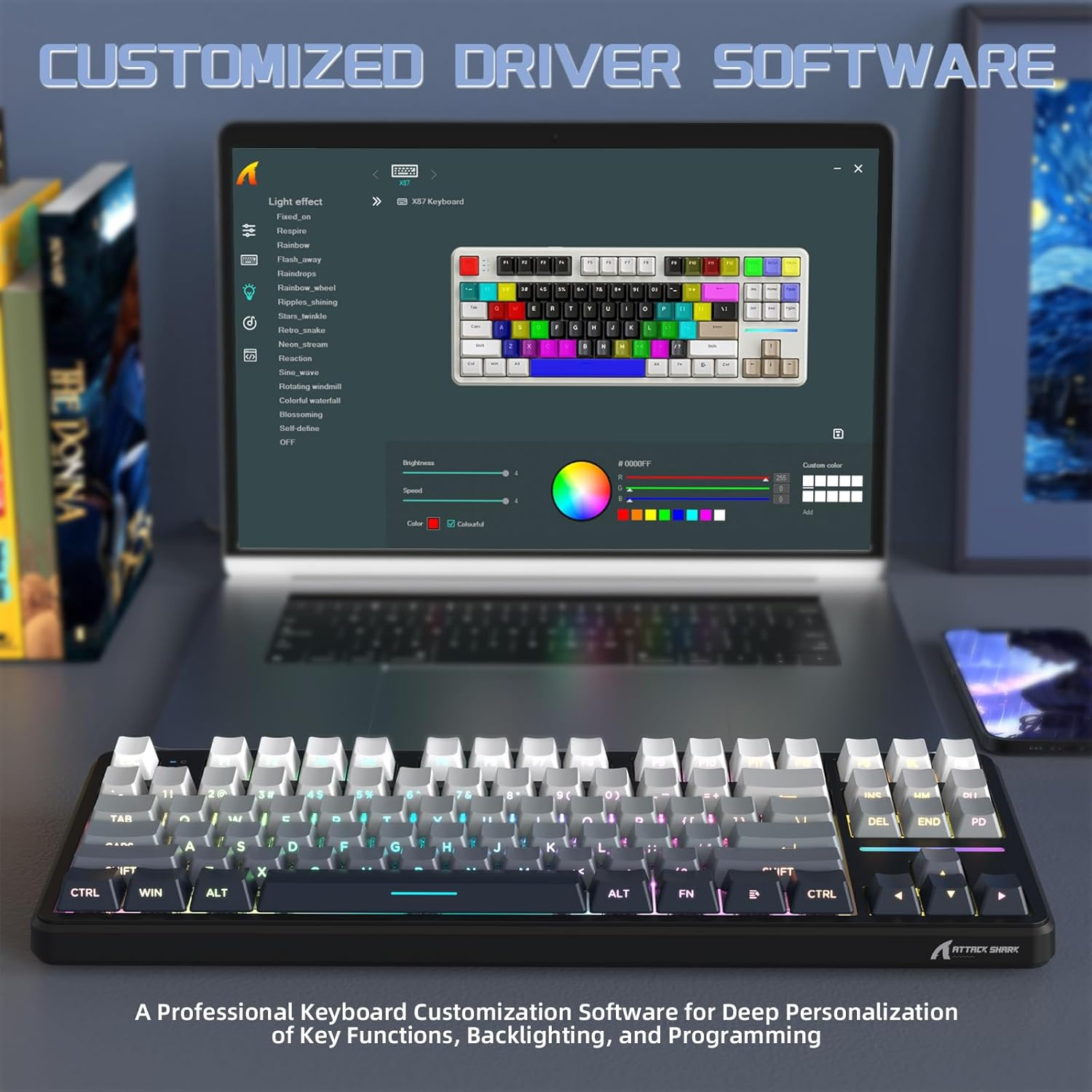 ATTACK SHARK X87 Wireless Gasket Mechanical Keyboard,Tkl Tri-Mode Bt5.0/2.4Ghz/Usb-C Gaming Keyboard,Hot Swappable,Side Printed PBT Keycaps,Pre-Lubed Strawberry Switche RGB Backlit Keyboard-Moon Night image number 3