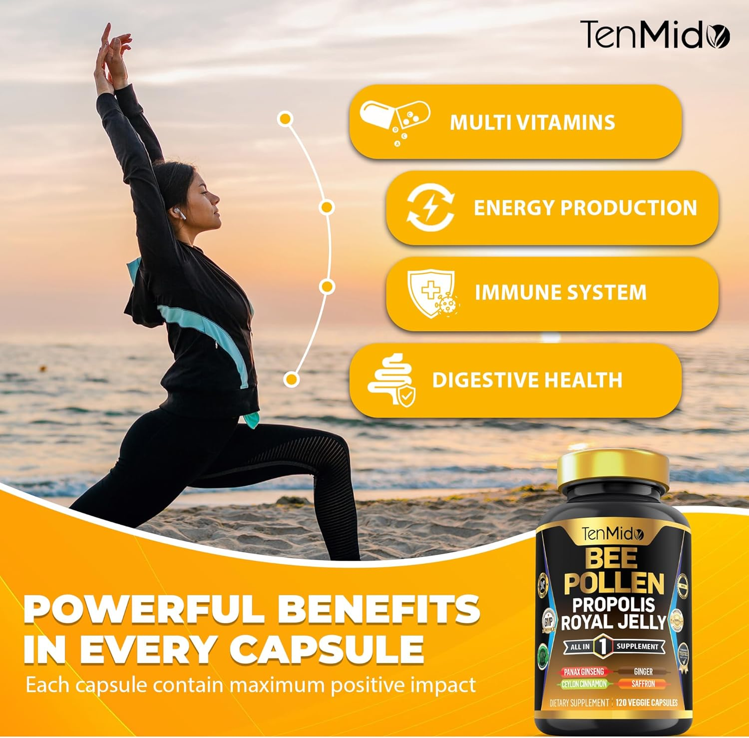 Organic Bee Pollen Supplement - 7In1 Formula - Combine with Propolis, Royal Jelly, Panax Ginseng, Ceylon Cinnamon, Ginger, and Saffron - Digestive Health, Immune Support - 120 Capsules image number 4