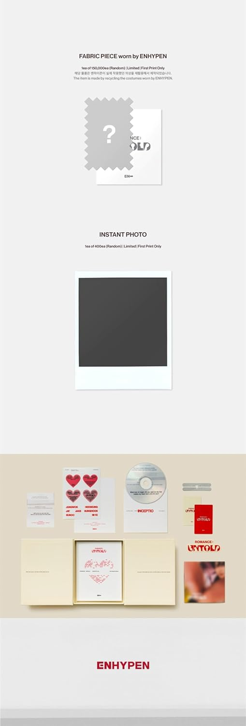 ENHYPEN ROMANCE : UNTOLD 2Nd Album Standard INCEPTIO Version Cd+1P Folded Poster on Pack+1Ea Letter+92P Photobook+2P Photocard+2Ea Sticker+1P Postcard+2Ea Paper Ring+Tracking Sealed EN-