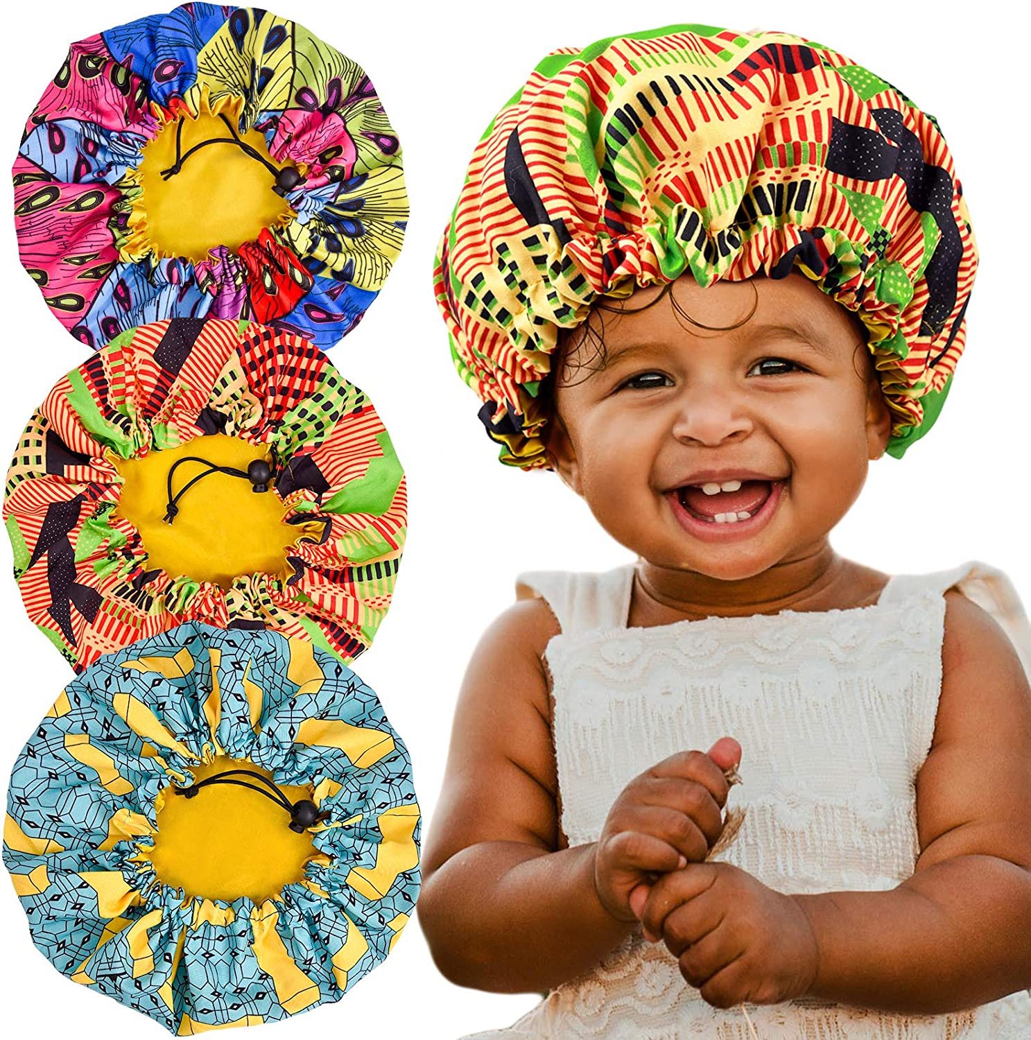 3 Pieces Kids Satin Bonnet Adjustable Sleeping Cap Soft Silk Flower Night Hats for Natural Hair Teens Toddler Child Baby Reversible Double image number 1
