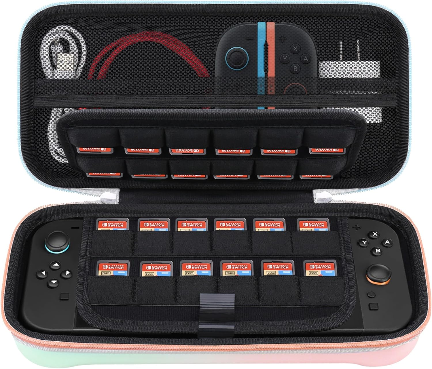 Elonbo Carrying Case for Nintendo Switch 2 (2025), Switch 2 Games Controller Grip Hard Travel Bag, Game Player Organizer Holder, Mesh Pocket Fits Joy-Con Cables Games Cartridges, Pink-Green