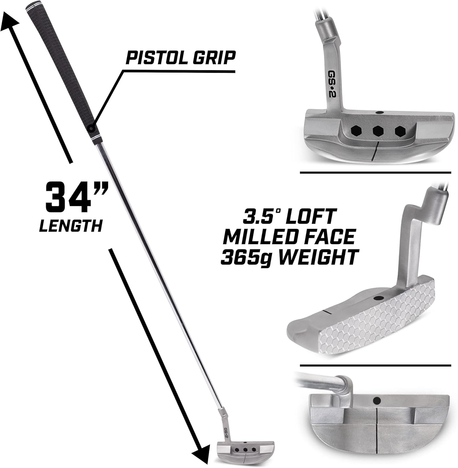 Gosports GS2 Tour Golf Putter &ndash; 34&rdquo; Right-Handed Mallet Putter with Milled Face, Choose Oversized Fat Grip or Pistol Grip image number 2