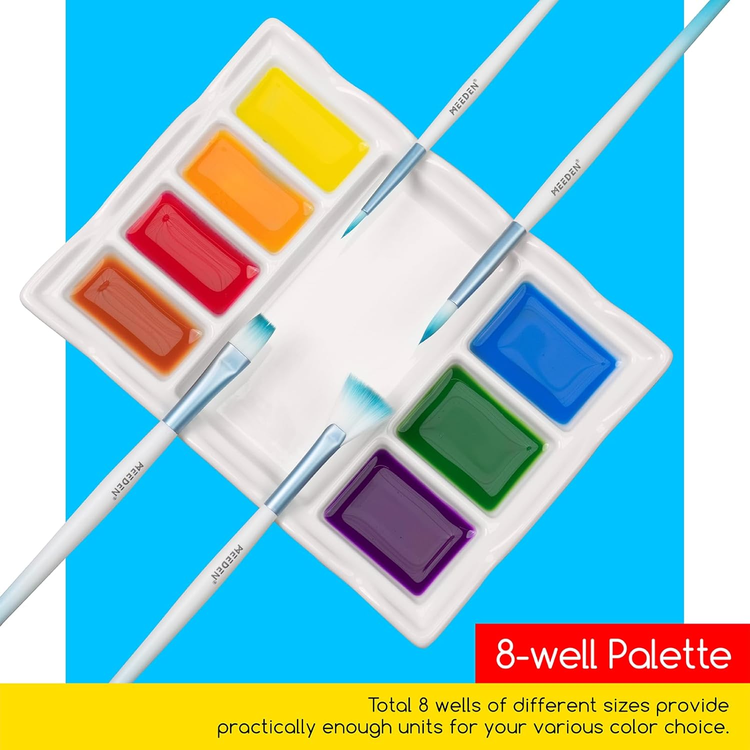 MEEDEN 8-Well Ceramic Artist Paint Palette with Brush Holders, Porcelain Mixing Tray for Watercolor, Gouache, Acrylic Painting, 7&rdquo;X 5.2&rdquo;X 0.6&rdquo; image number 1