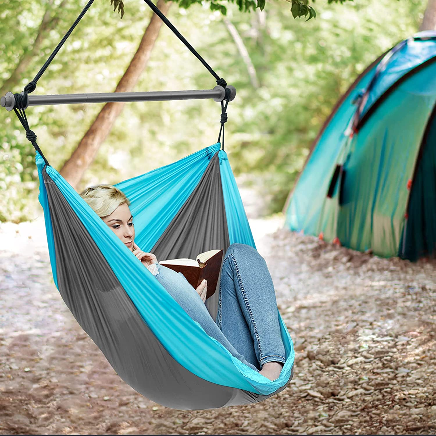 Hammock Chair, Portable Large Hanging Rope Swing - Lightweight Nylon Parachute -Max 500 Lbs - Detachable Metal Support Bar Hammock Chair Swing for Outdoor, Indoor, Backpacking, Camp, Beach image number 3