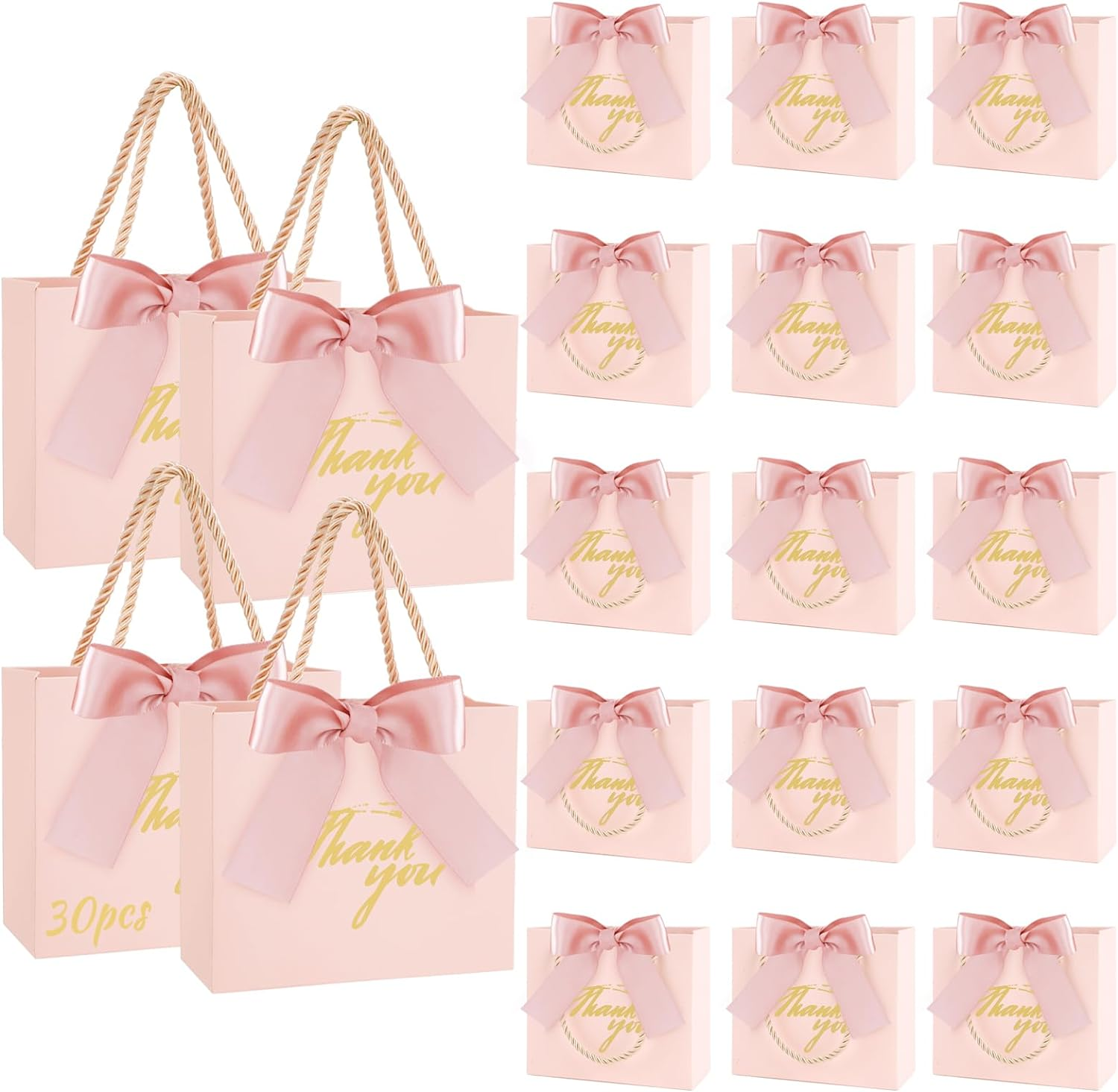 SHAIDOJIO 30Pack Small Thank You Gift Bags with Handle, Mini Pink Gift Bags Candy Bags Bulk with Bow Ribbon, Party Favor Bag for Wedding, Birthday, Bridal Shower, Baby Shower (5.5X2.5X4.7 Inch) image number 5