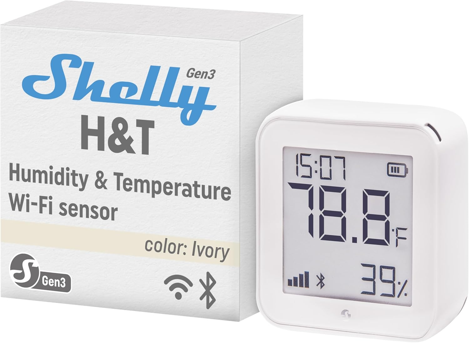 Shelly H&T Gen 3 Ivory Wi-Fi and Bluetooth Temperature and Humidity Sensor Home Automation No Hub Required Long Battery Life Wall Mounting Possible