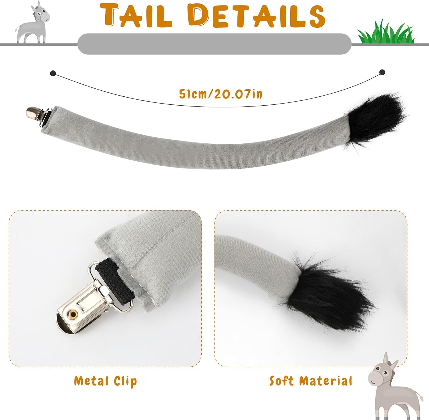 Hifot 2Pcs Donkey Costume Set, Grey Donkey Ears Headband and Tail Set, Donkey Animal Fancy Dress Outfit Animal Costume Accessories for Kids Adults for Cosplay Halloween Carnival Nativity Theme Party image number 1