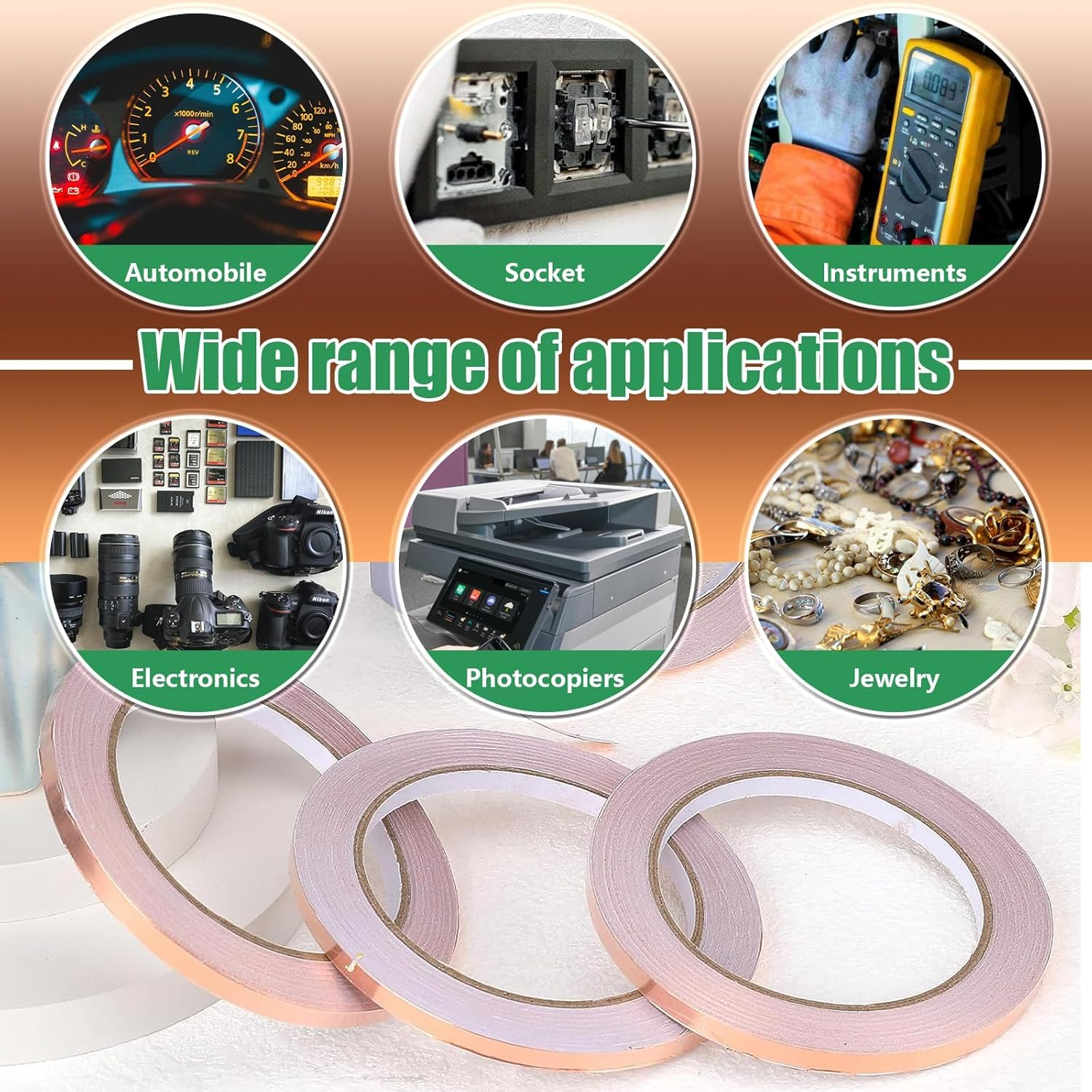 Conductive Adhesive Copper Tape, 2 Pcs Conductive Copper Foil Tape, Conductive Copper Tape with Single-Sided for Guitar and EMI Shielding, Slug Repellent, Stained Glass, Crafts, Electrical Repairs image number 3