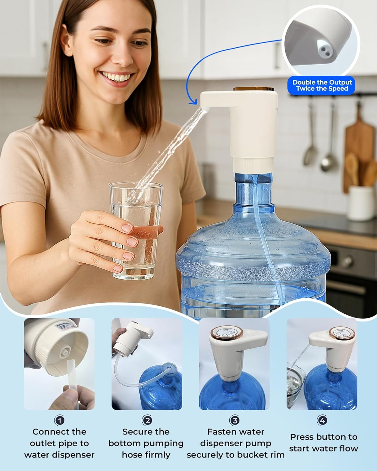 Upgraded Water Dispenser Pump [1200Mah] - Smart Dosing System, Dual Motor & Dual Outlet for Bottles/Jugs - Premium Electric Transfer Pump（Beige） image number 3