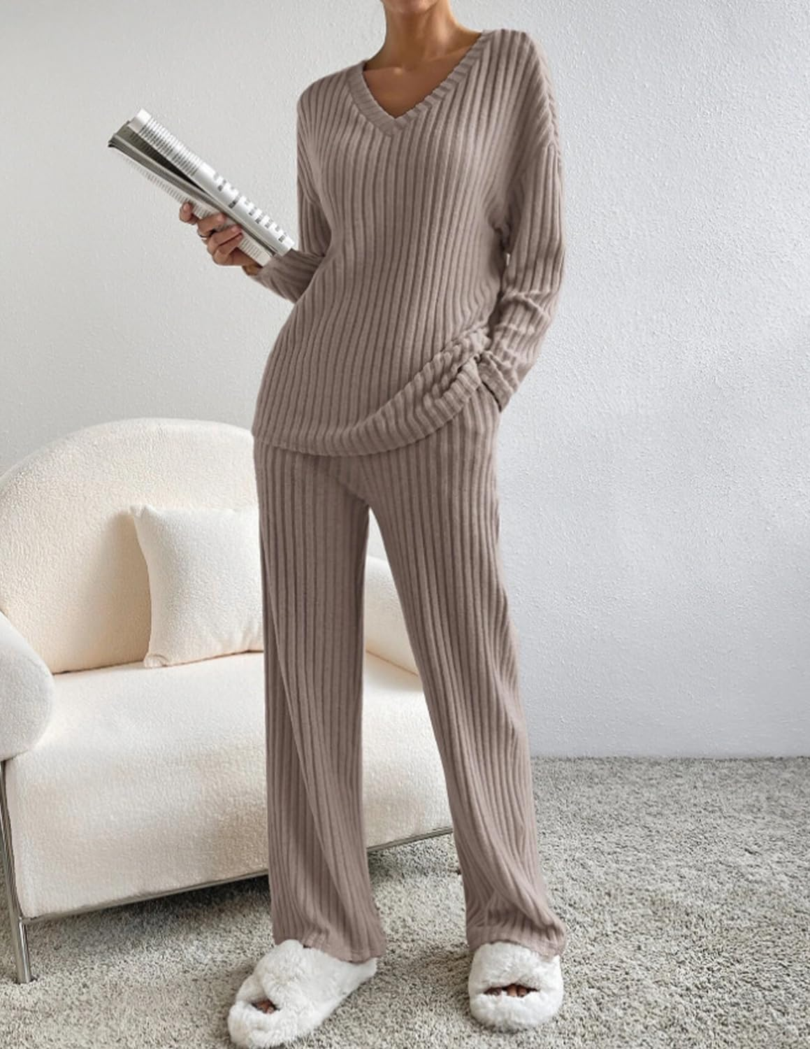 Women Suit 2 Pieces Tracksuit Long Sleeve V Neck Jersey Comfortable Straight Pants Casual Suit Fall Winter image number 6