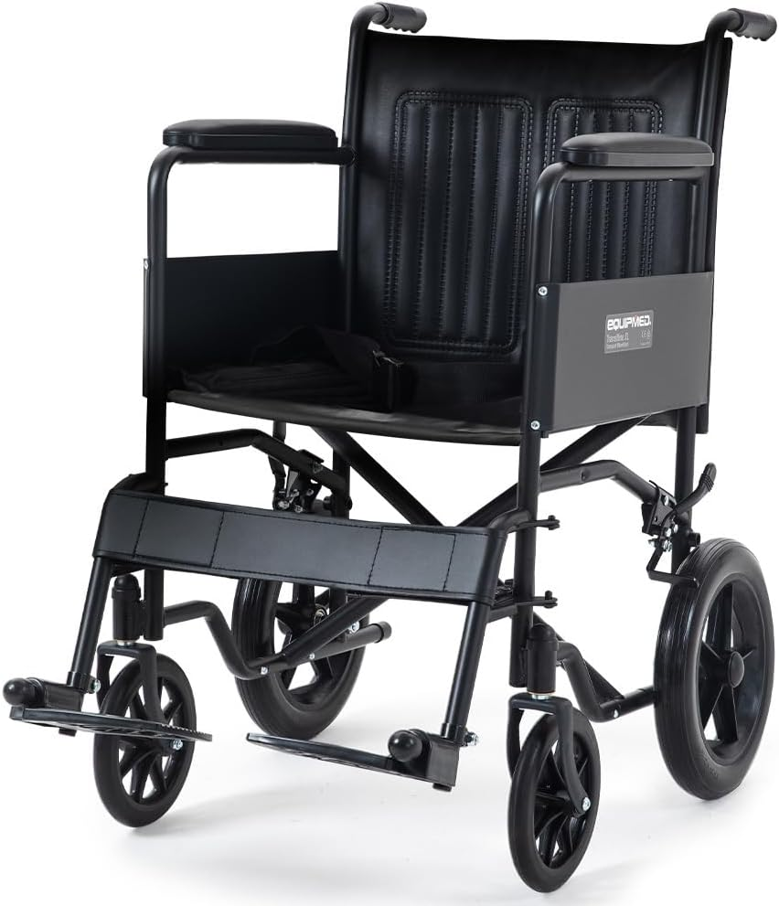 "Equipmed Folding Transit Manual Wheelchair, Attendant Propelled, Steel Frame, Wide Seat, Comfortable for S-XL, 114Kg Capacity, Park Brakes, Transport" image number 5