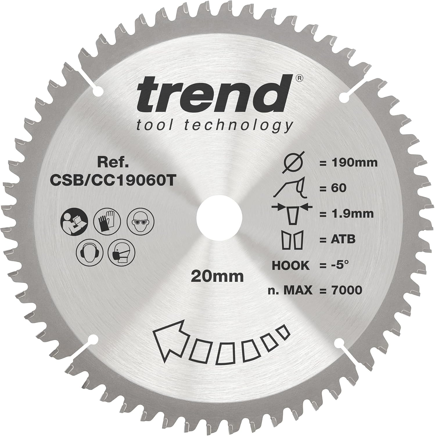 Trend Wood Cordless Mitre Saw Blade, 190Mm Diameter, 20Mm Bore, 60 Teeth, TCT, 1.9Mm Kerf, -5&deg; Hook, CSB/CC19060T image number 6