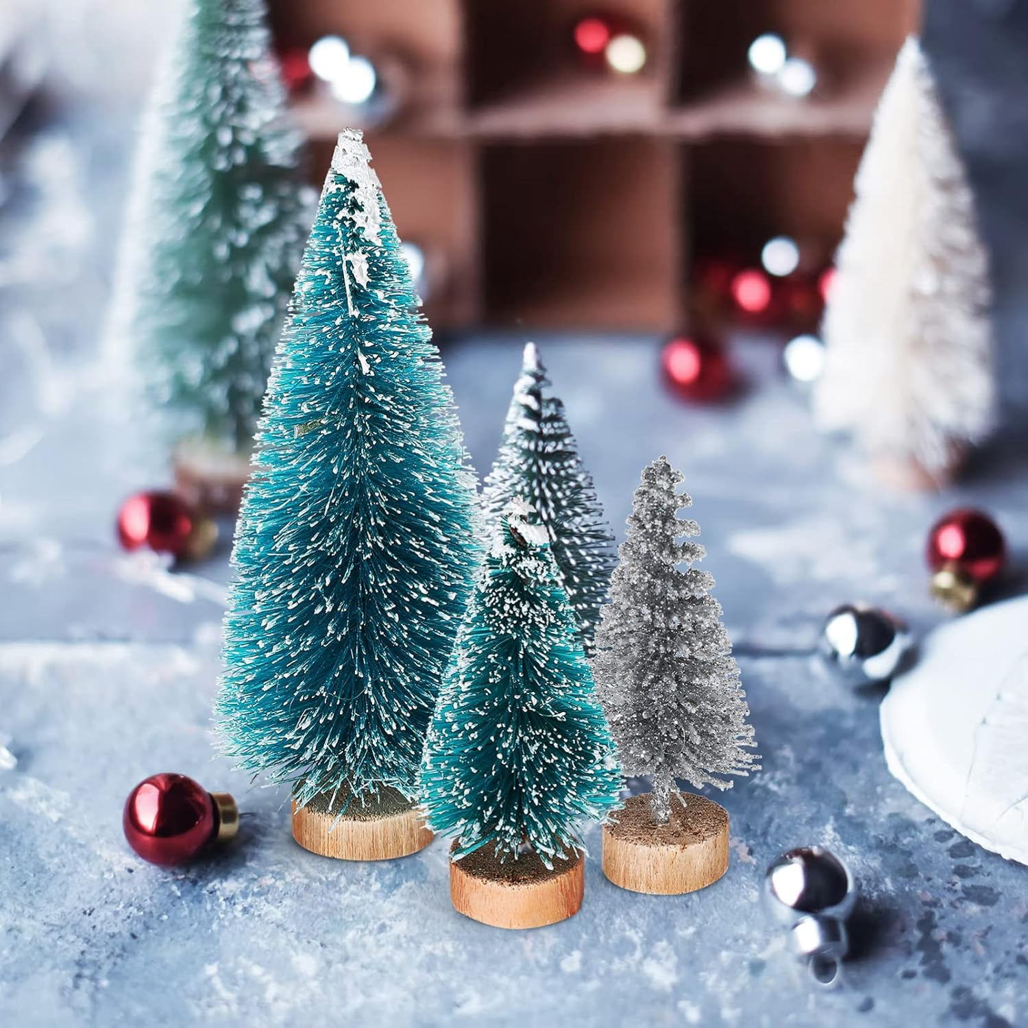 Ciieeo 84Pcs Mini Sisal Frost Trees Plastic Christmas Trees Ornaments for Desktop and Use image number 4