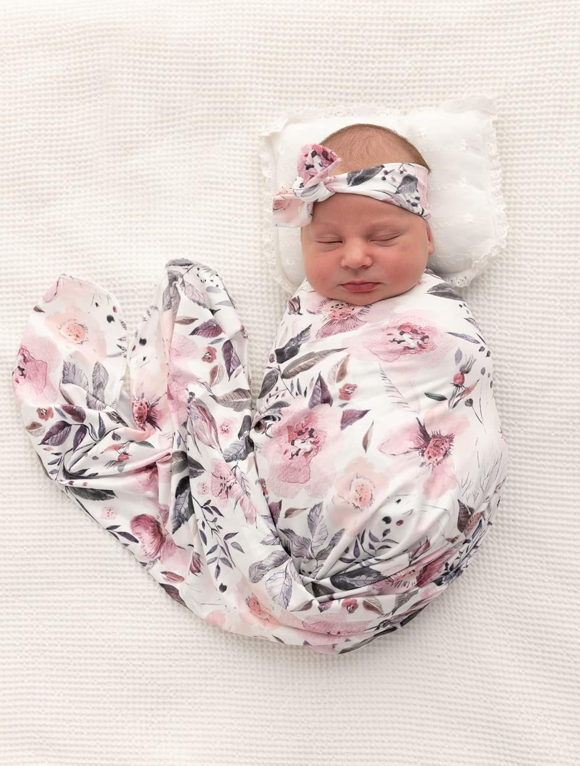 Newborn Floral Print Blanket Baby Stretch Wrap Swaddle Blanket Receiving Blanket with Matching Headband and Beanie (Small Flower and Leaf)