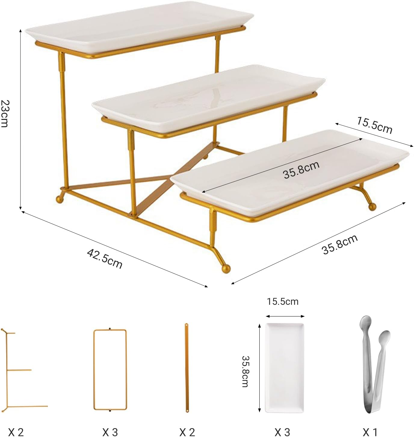 Top G 3 Tier Serving Tray with Stand,Cake Stands Porcelain Tiered Serving Platters Dishes with Collapsible Sturdier Rack, Dessert Display Stand for Party Entertaining, Food Presentation, Gold,14Inch image number 3