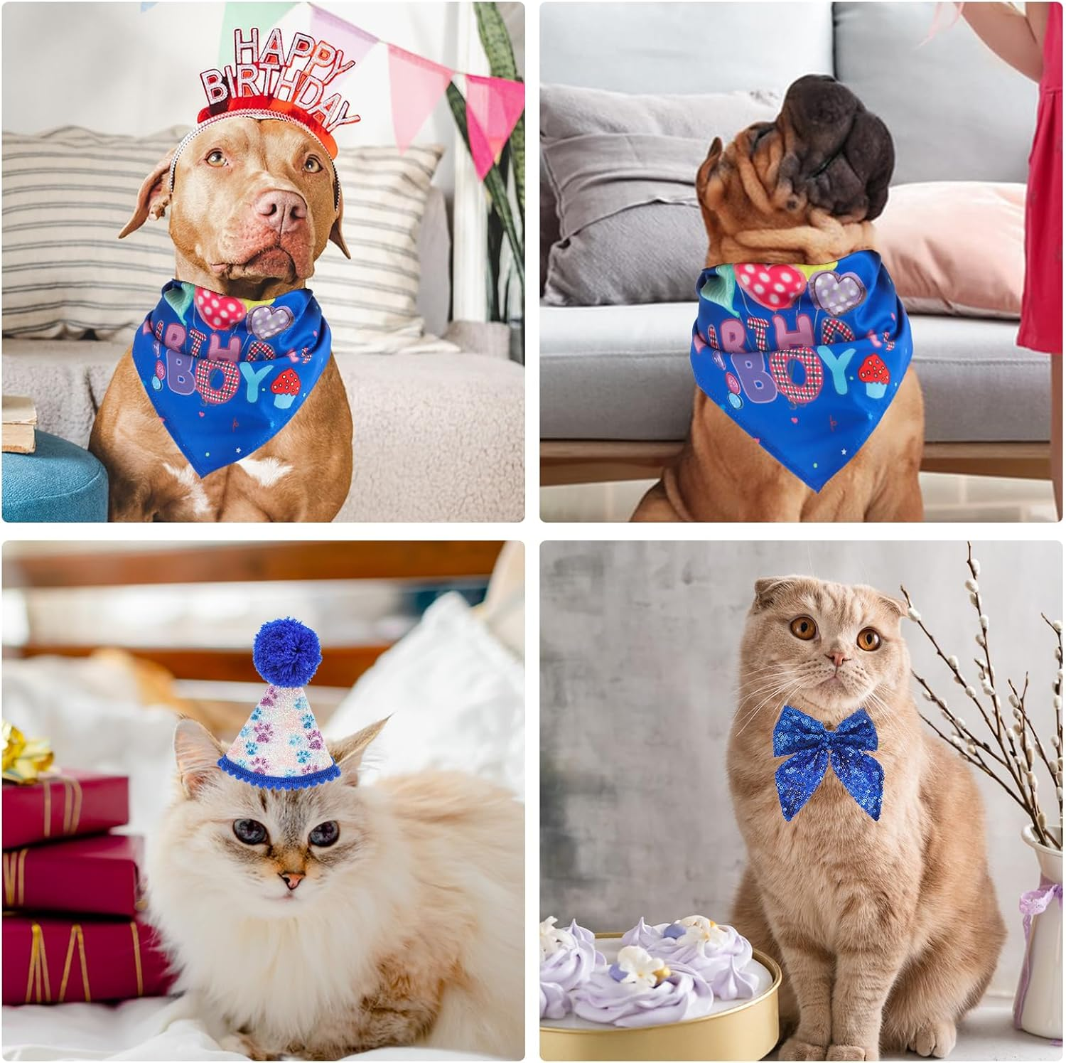 Dog Birthday Decor Sets, Happy Birthday Decoration with Hat Bandana Banner Bow Set, Puppy Cat Rabbit Boys Girls Party Supplies (Dark Blue) - Dark Blue image number 4