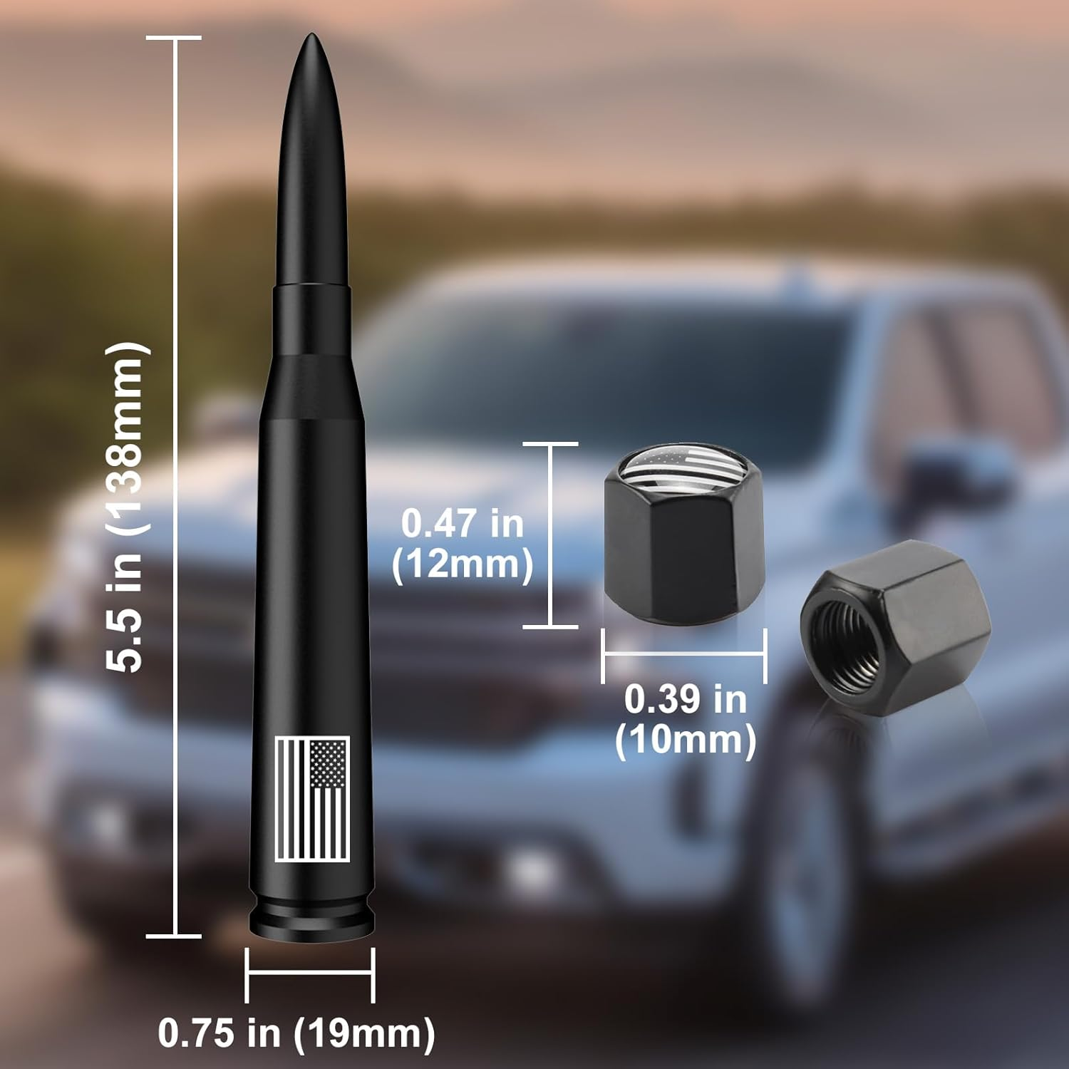 50 Cal Bullet Antenna Replacement for Ford F150 F250 F350 Super Duty Ford Raptor Bronco, & Dodge Ram & Chevy Silverado & GMC Sierra 1500 2500 3500 Trucks 1990 - Current, Car Accessories (Matte Black) image number 6