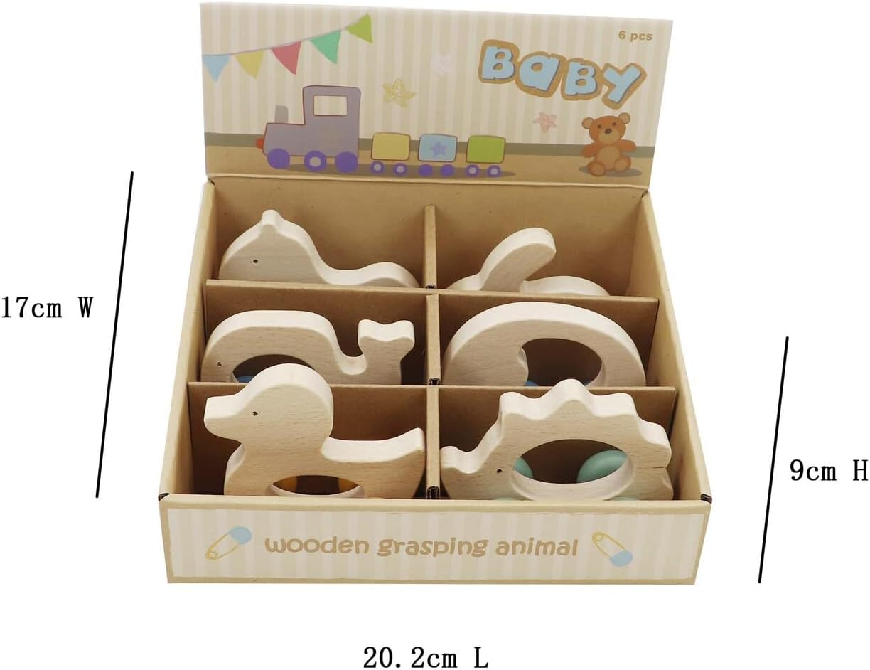 Kaper Kidz NG23811 Wooden Grip Animal with Silicone Wheels Pack of 6: Rolling Wooden Toys for Babies and Toddlers for Ages 18 Months+