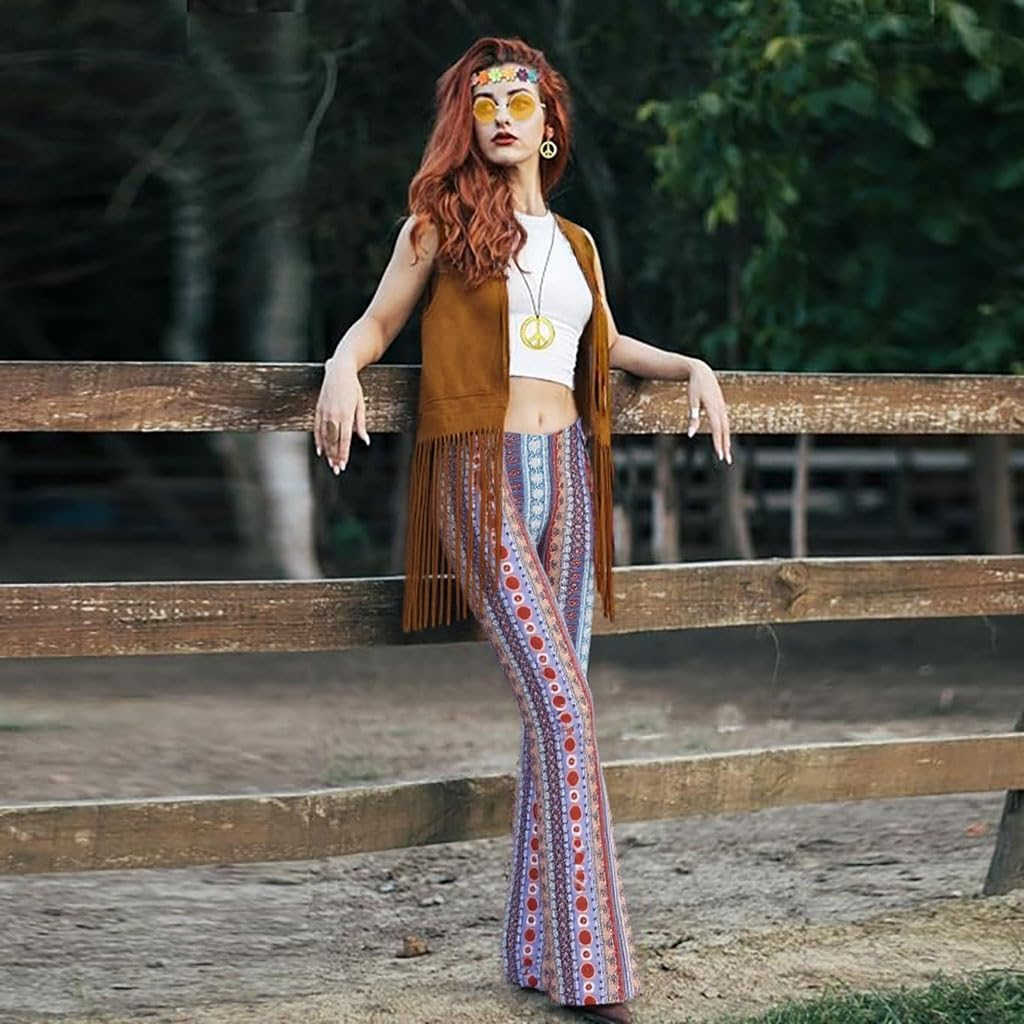 Halloween Hippie Costumes with Pants 60S 70S 80S Women Costume Adult Christmas Party Costume with All Accessories image number 6