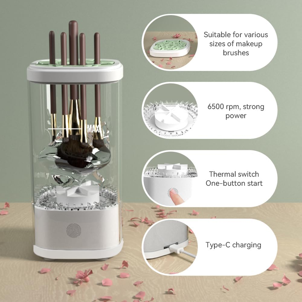 Flohsen Electric Makeup Brush Cleaner, Multi-Functional Cosmetic Brush Cleaner, Portable Automatic Makeup Brush Cleaning Solution with Dryer-Holder, Charger, USB-C Cable, Beauty Women image number 5