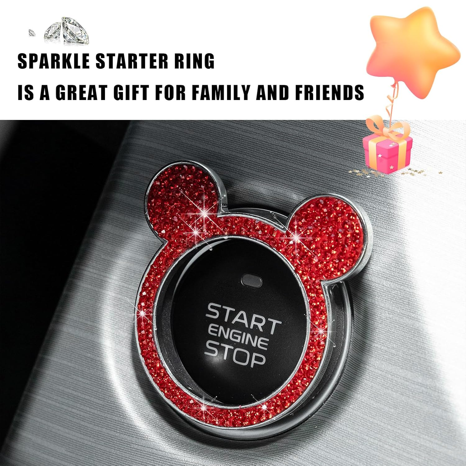 Augeny Bling Car Engine Start Button Cover, Rhinestone Key Ignition Knob Ring, Sparkling Push to Start Button Sticker for Women, Universal Car Accessories for Interior Decoration (1PC, Red) image number 4