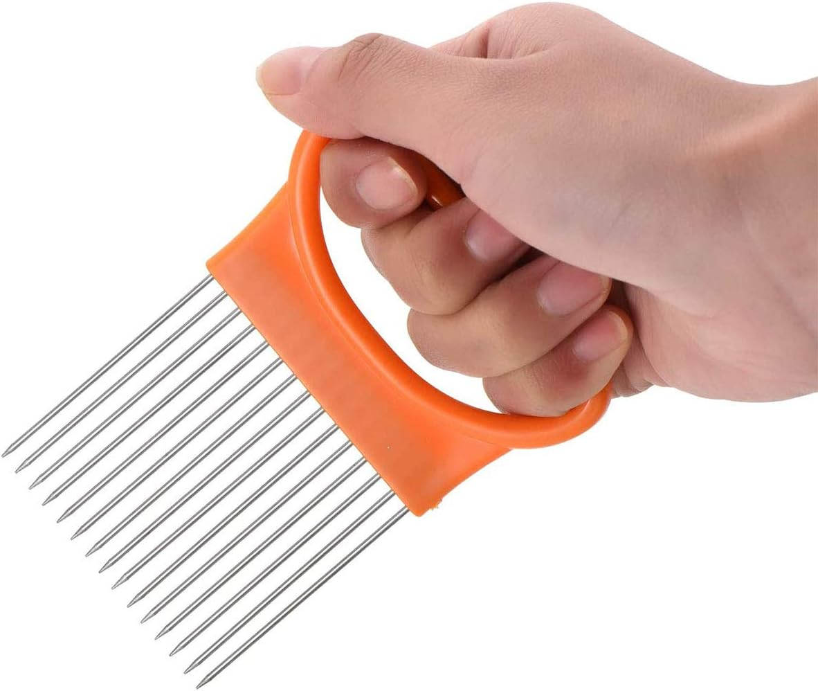 2Pcs Onion Holder Slicer, Stainless Steel Tomato Lemon Potato Vegetable Holder Slicer Cutter Tool for Kitchen Worker Slicing