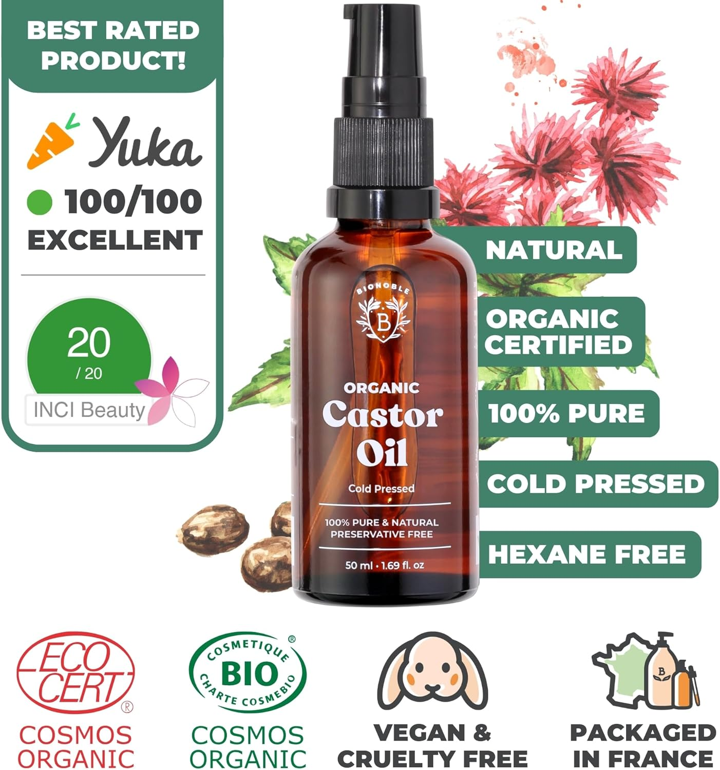 BIONOBLE Castor Oil Organic and Cold Pressed - Glass Bottle, Pipette and Pump - Vegan and Hexane Free Organic Castor Oil - Hair Growth Oil, Lash Serum, Beard Oil - 50Ml image number 5