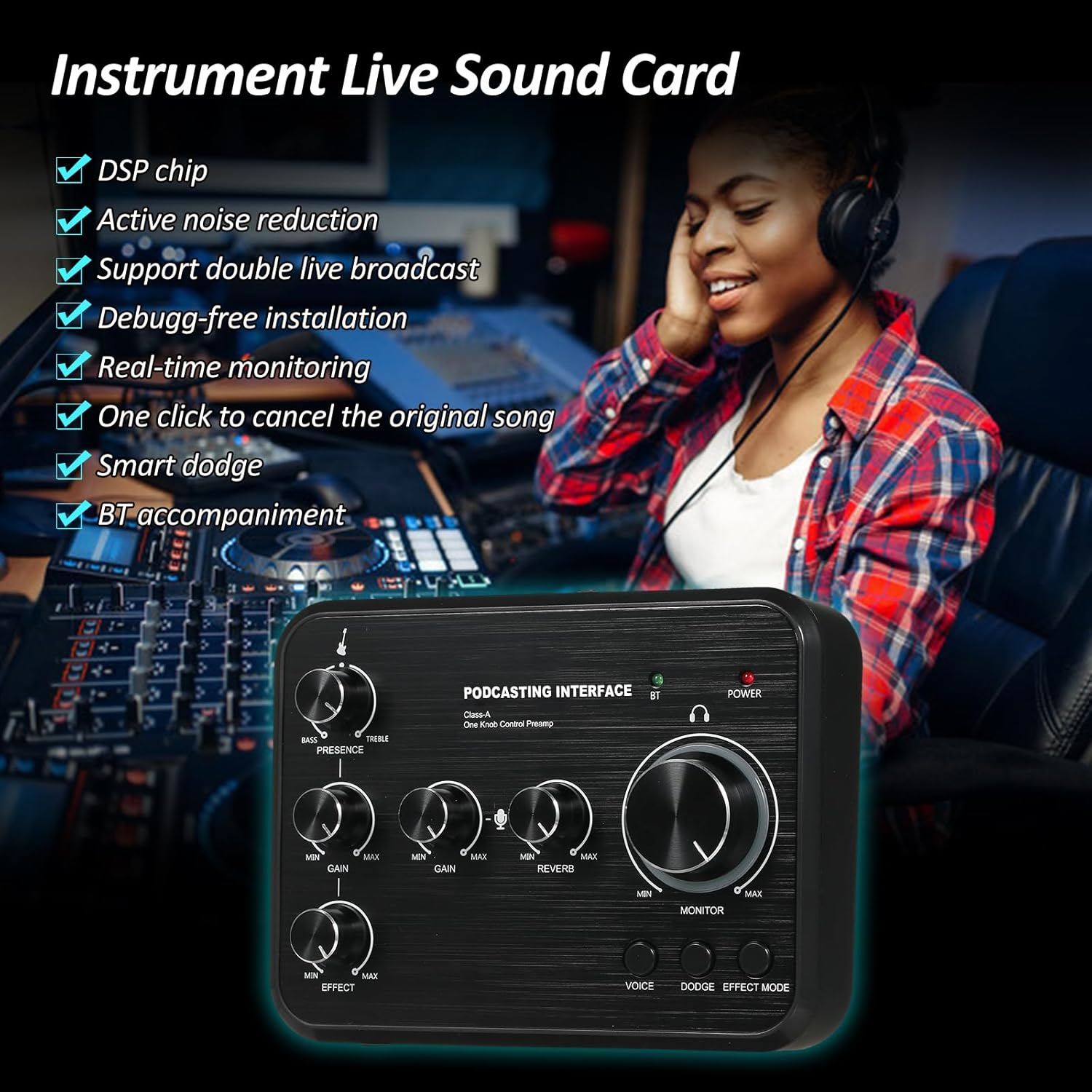 Domary Professional Sound Card for Instrument Playing and Singing Rechargeable Podcast Production Studio One Knob Control Preamp Live Sound Card with 5 Sound Effects for Karaoke Singing image number 5