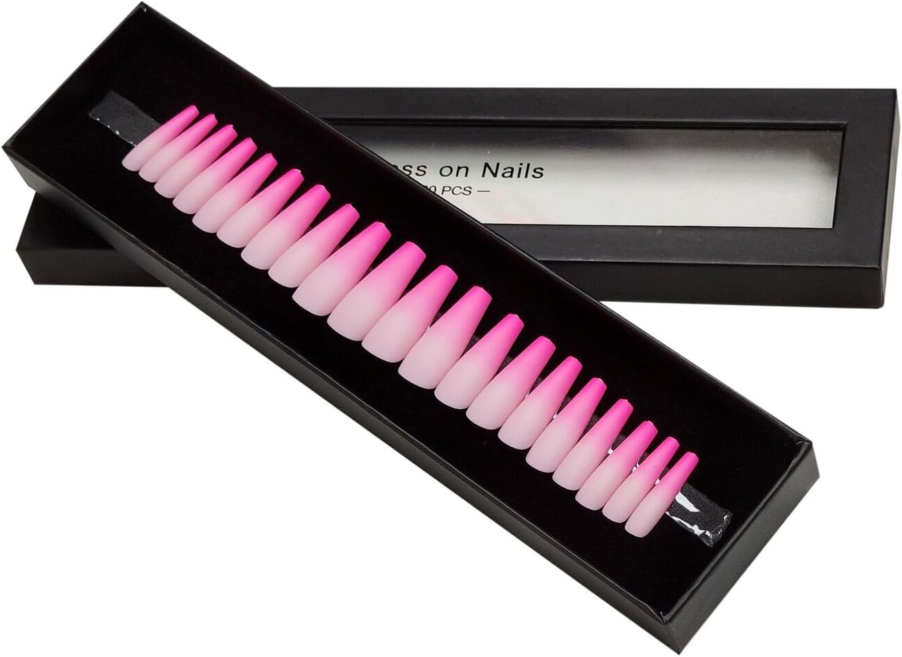 Press on Nails Fake Long Coffin Nail Tips Pink Ombre Matte 20 Pcs image number 6