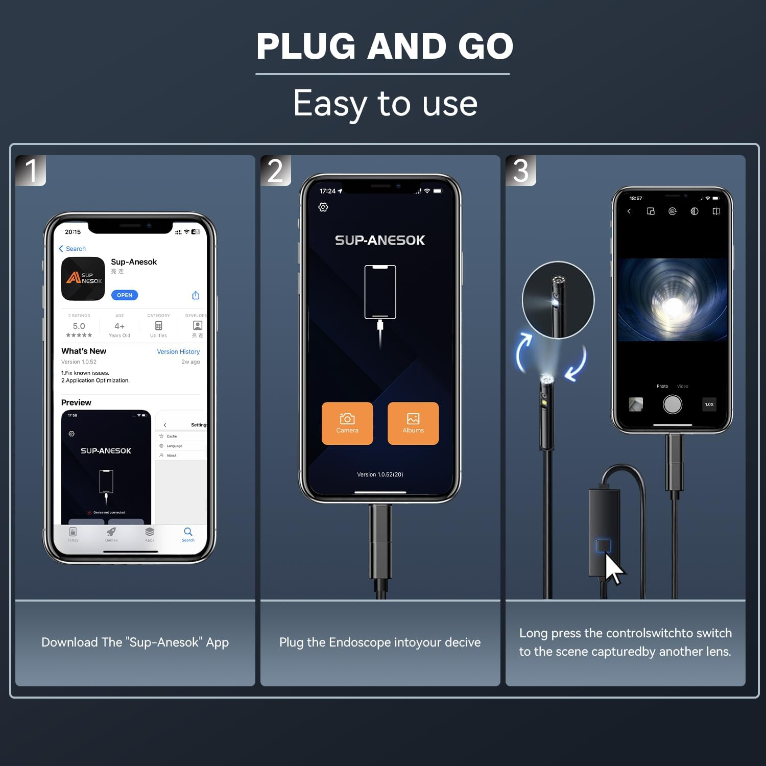 Endoscope Camera, Inspection Camera with Dual-Lens, 1920P HD Borescope IP67 Waterproof Draincamera for Ios and Android Phone, 8+1 Adjustable Leds, Semi-Rigid Sewercamera for Automotive 5M/16.4Ft image number 1