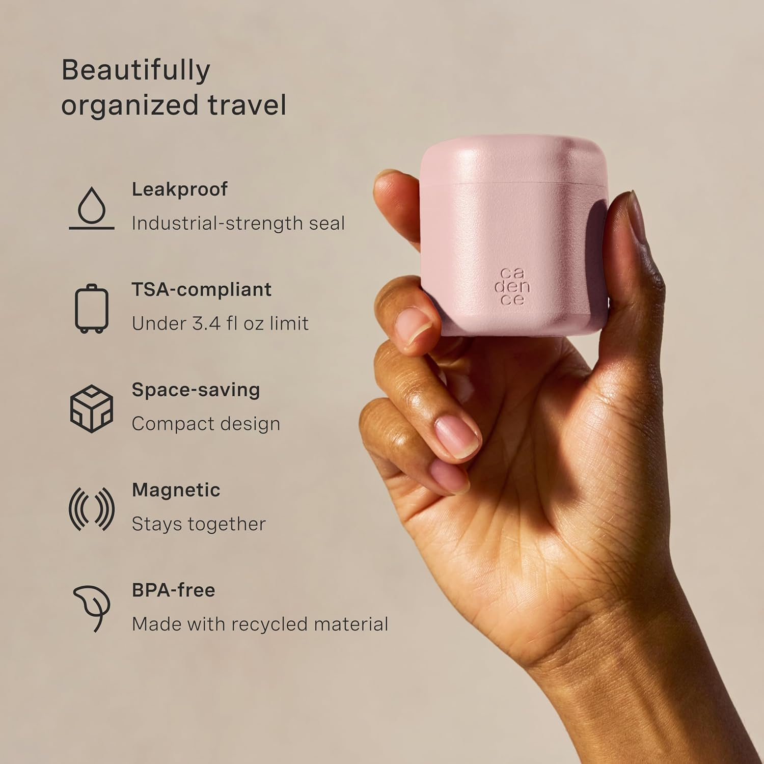 Cadence Travel Containers - Core Skincare Set - Magnetic Containers with Lids,2 Small (0.56Oz) & 3 Medium (1.32Oz) - Cleanser, Moisturizer, Serum, Makeup Remover & Sun Icon Labels - Petal image number 7