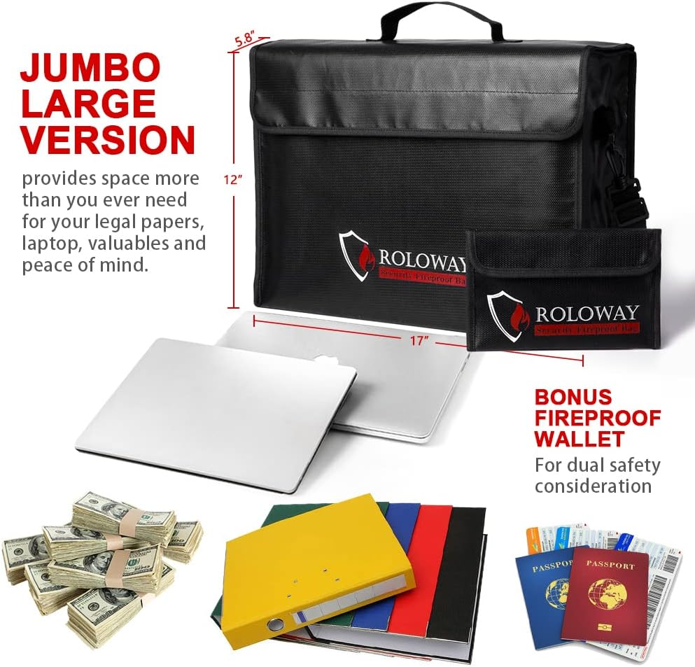 ROLOWAY Large (17 X 12 X 5.8 Inches) Fireproof Bag, XL Fireproof Document Bags with Bonus Bag, Fireproof Safe and Water Resistant Bag for Money, Legal Documents, Files, Valuables image number 2