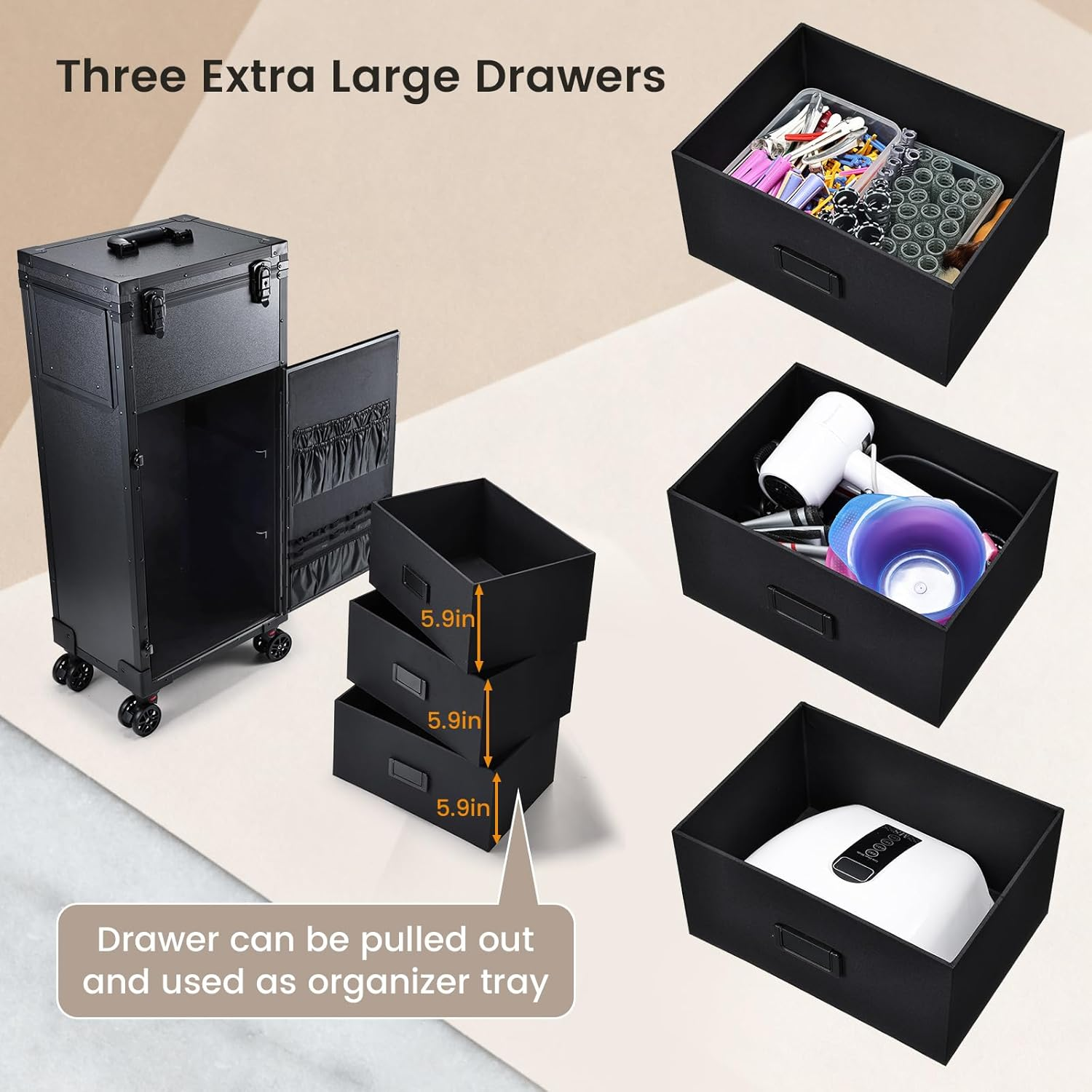 Rolling Makeup Case with LED Mirror, Cosmetology Case on Wheels with Lighted Mirror, Professional Salon Trolley Cart with 3 Drawers,Travel Makeup Lockable Beauty Organizer with Live Stream Light image number 1