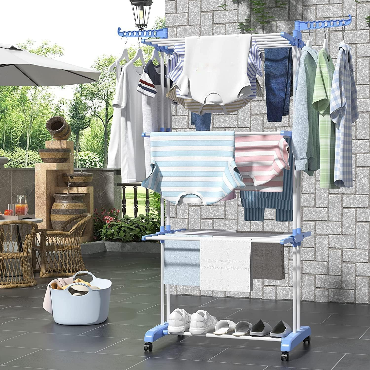 FIME. Clothes Drying Rack, 3 Layers Folding Clothes Rail of Clothes Hanger Sturdy Laundry Garment Dryer Stand with Two Side Wings (Grey) image number 2