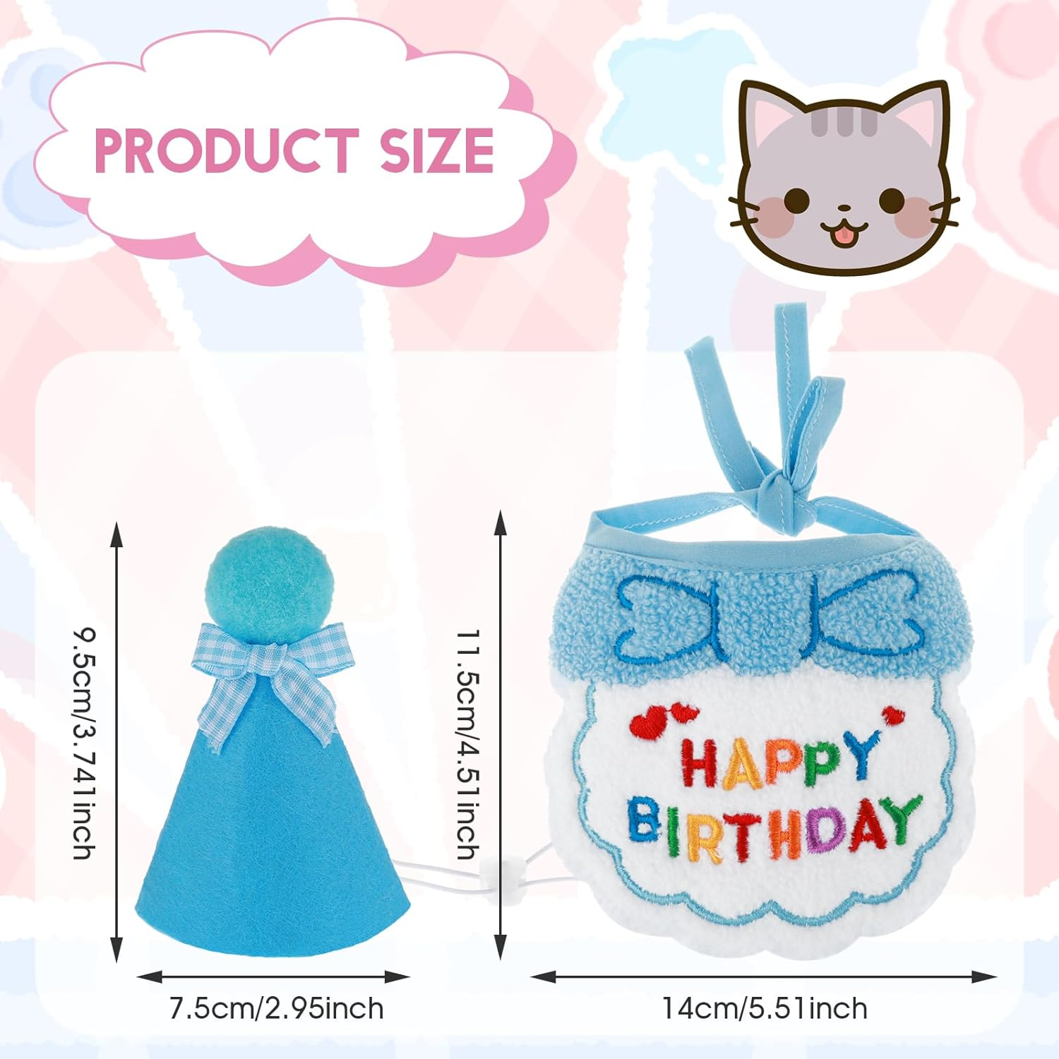 Small Dog Cat Birthday Hat Scarf Set, Cute Pet Birthday Bandana Party Supplies Puppy Happy Birthday Decorations Embroidered Birthday Girls Boys Kitten Dog image number 1